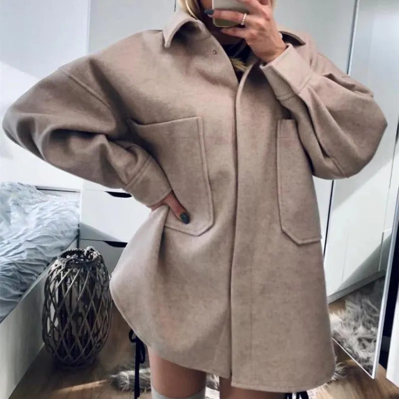Loose Pocket Woolen Long Sleeve Thick Coat