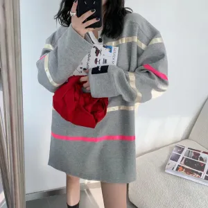 Loose Streetwear Sweatshirt For Women Lapel Long Sleeve Patchwork Colorblock Casual Sweatshirts Female Clothing