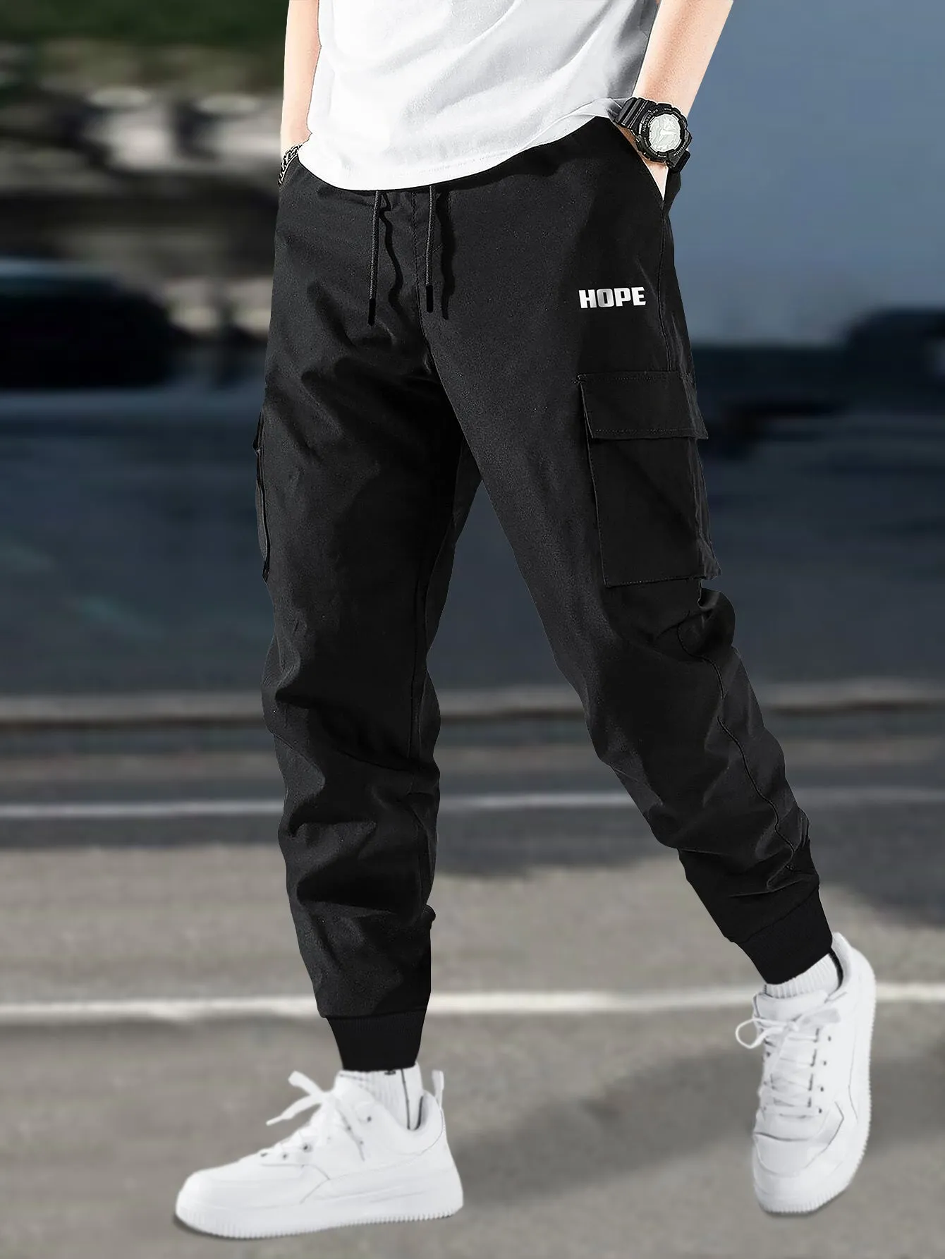 Men Solid Black Designer Cargo Pant
