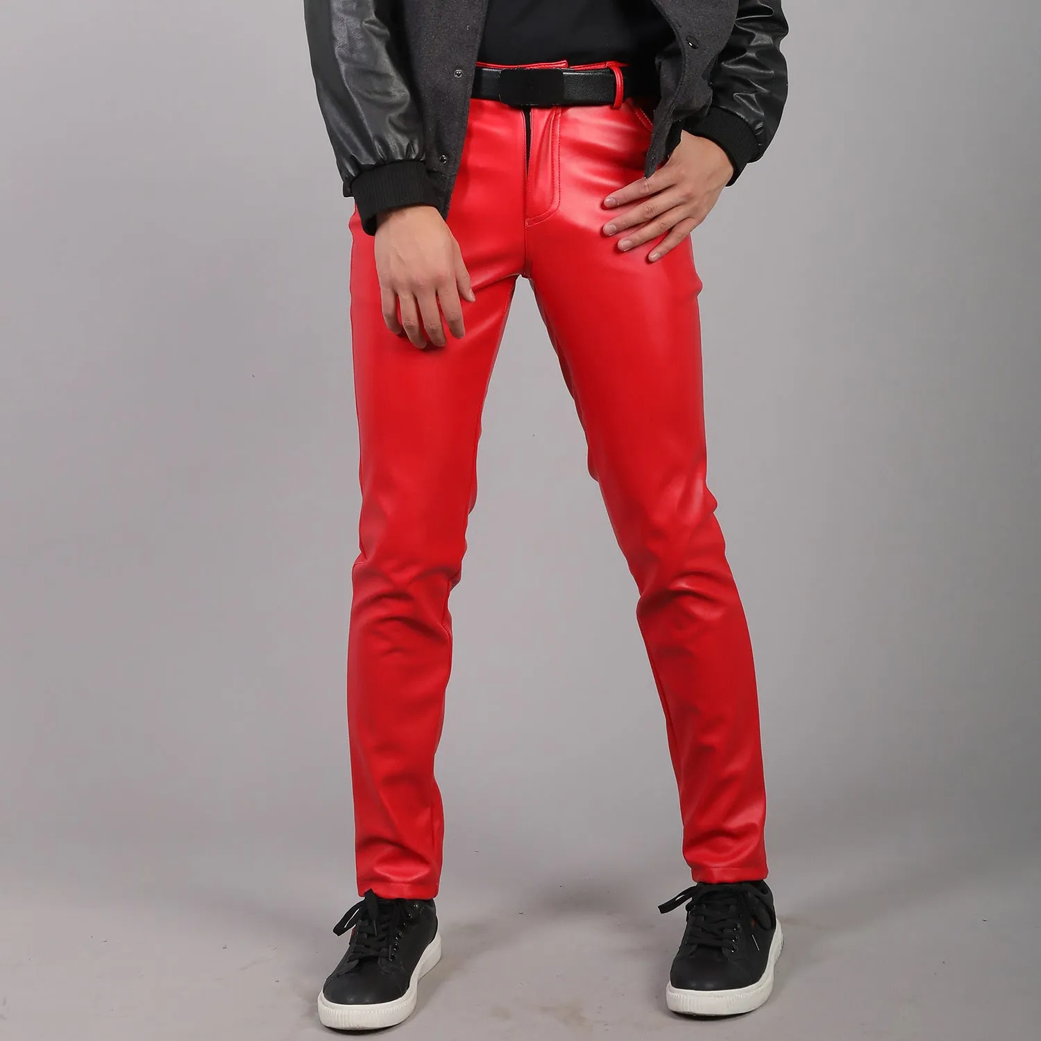 Mens Leather Pants Men's Stretch Slim Fit Fashion Leather Pants