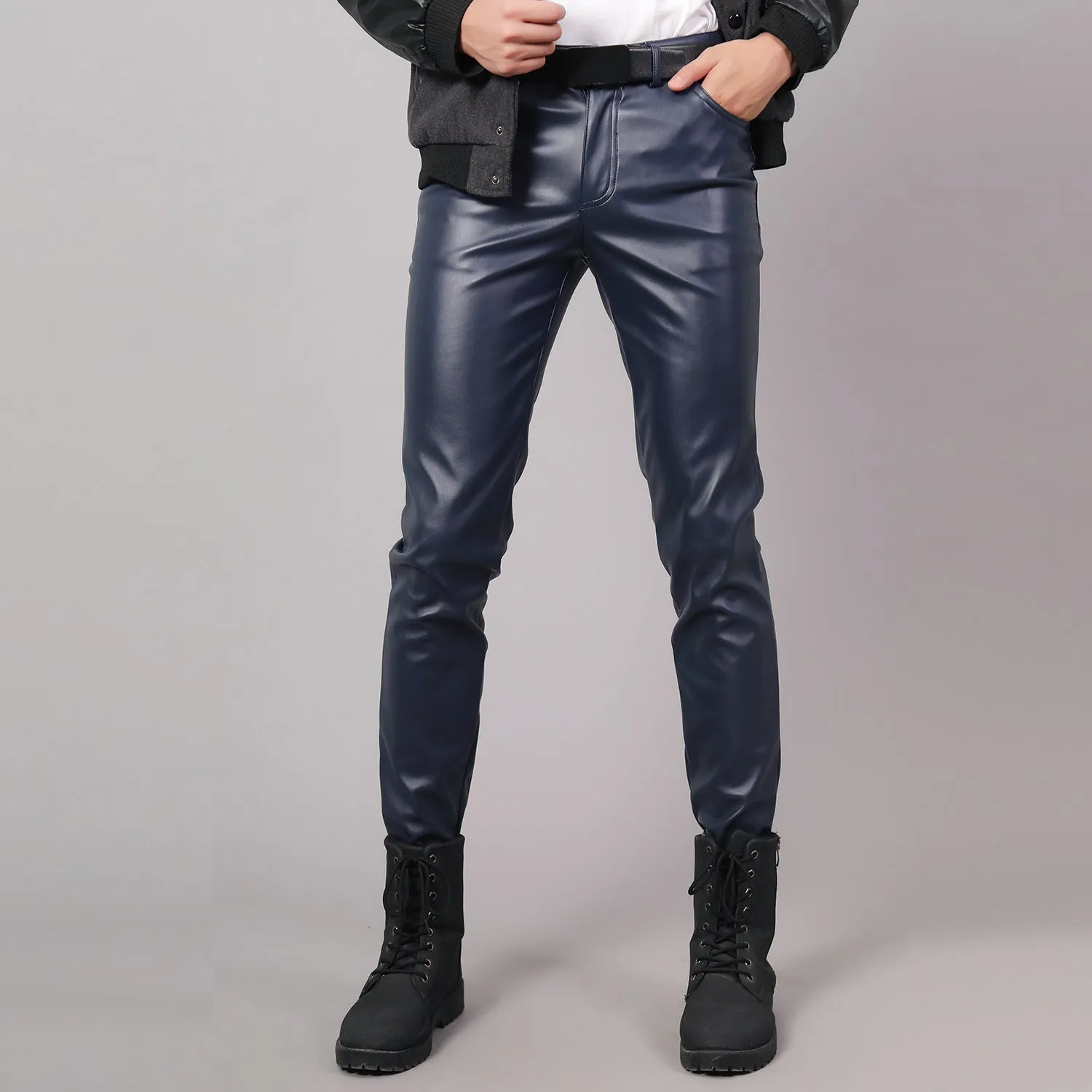 Mens Leather Pants Men's Stretch Slim Fit Fashion Leather Pants