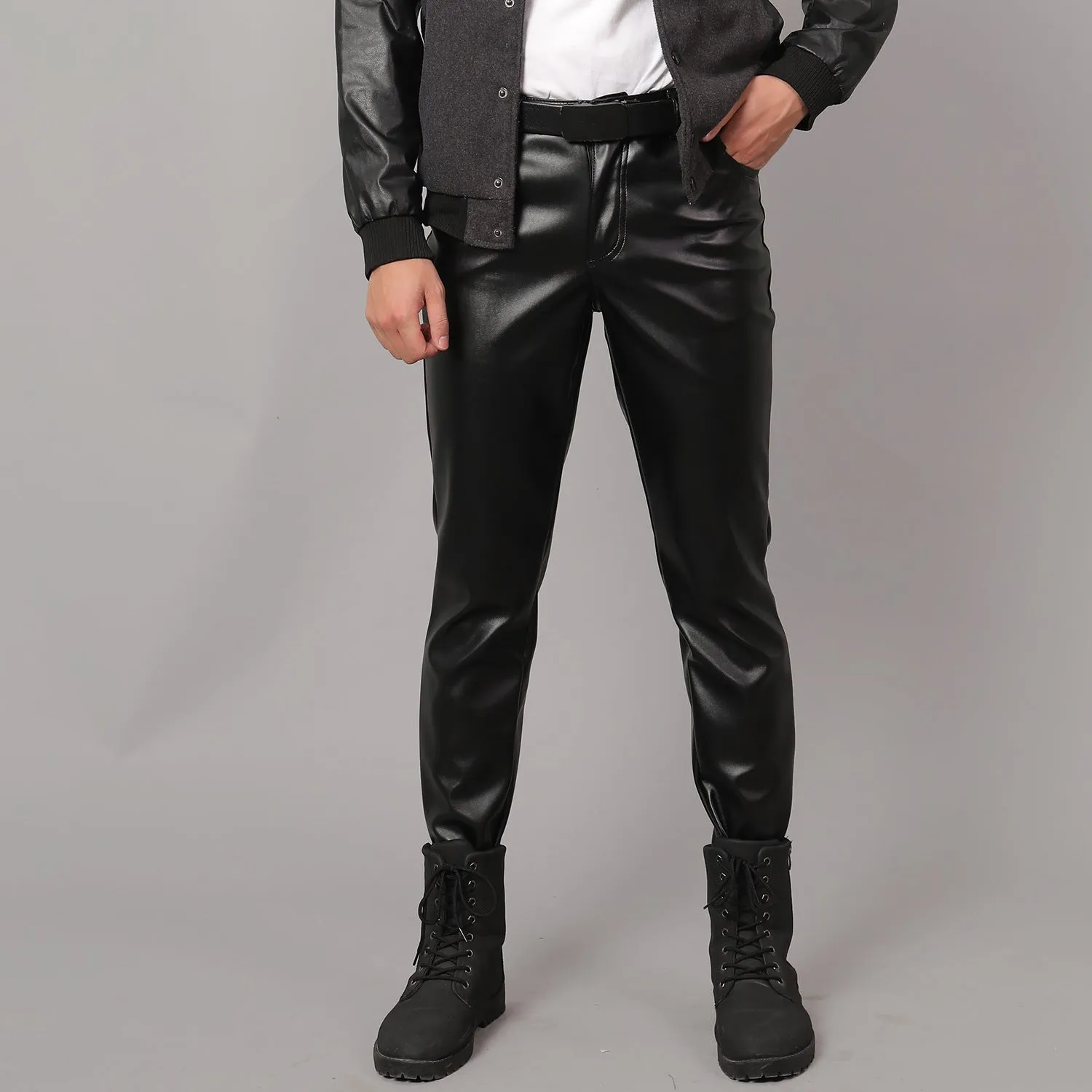 Mens Leather Pants Men's Stretch Slim Fit Fashion Leather Pants