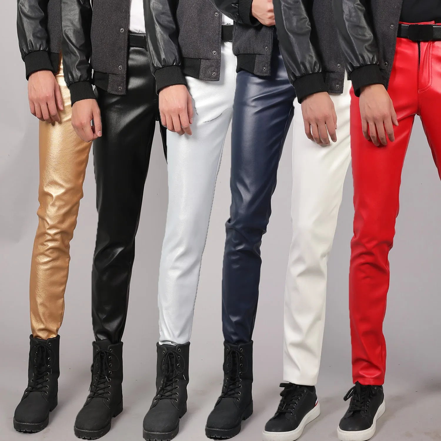 Mens Leather Pants Men's Stretch Slim Fit Fashion Leather Pants