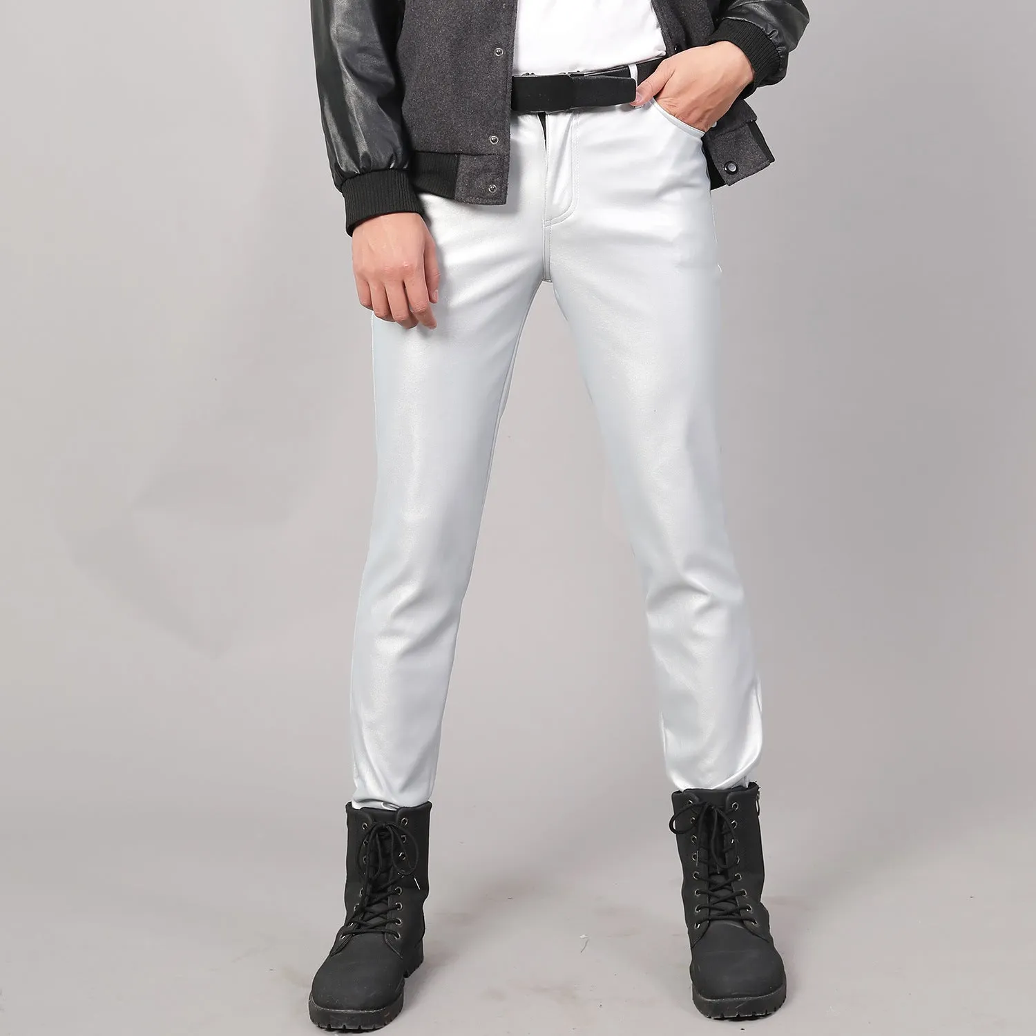 Mens Leather Pants Men's Stretch Slim Fit Fashion Leather Pants