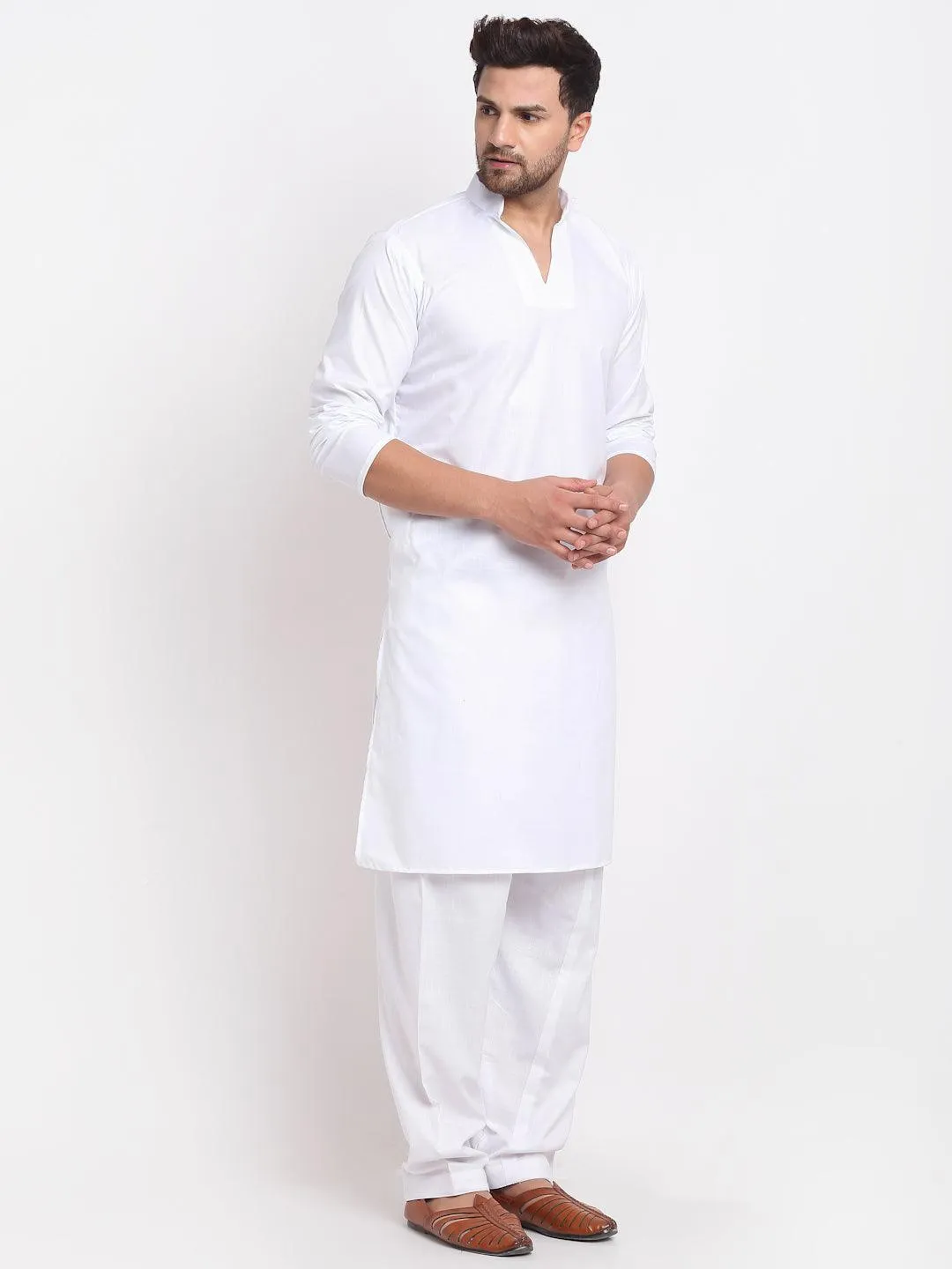 Men's White Solid Pathani Kurta With Salwar - Benstoke