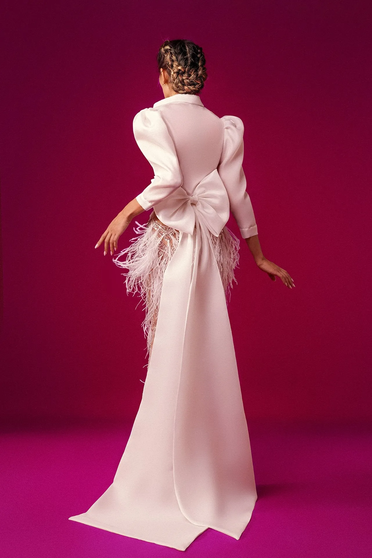 Midi Dress with Feathered Skirt and Sweep Train