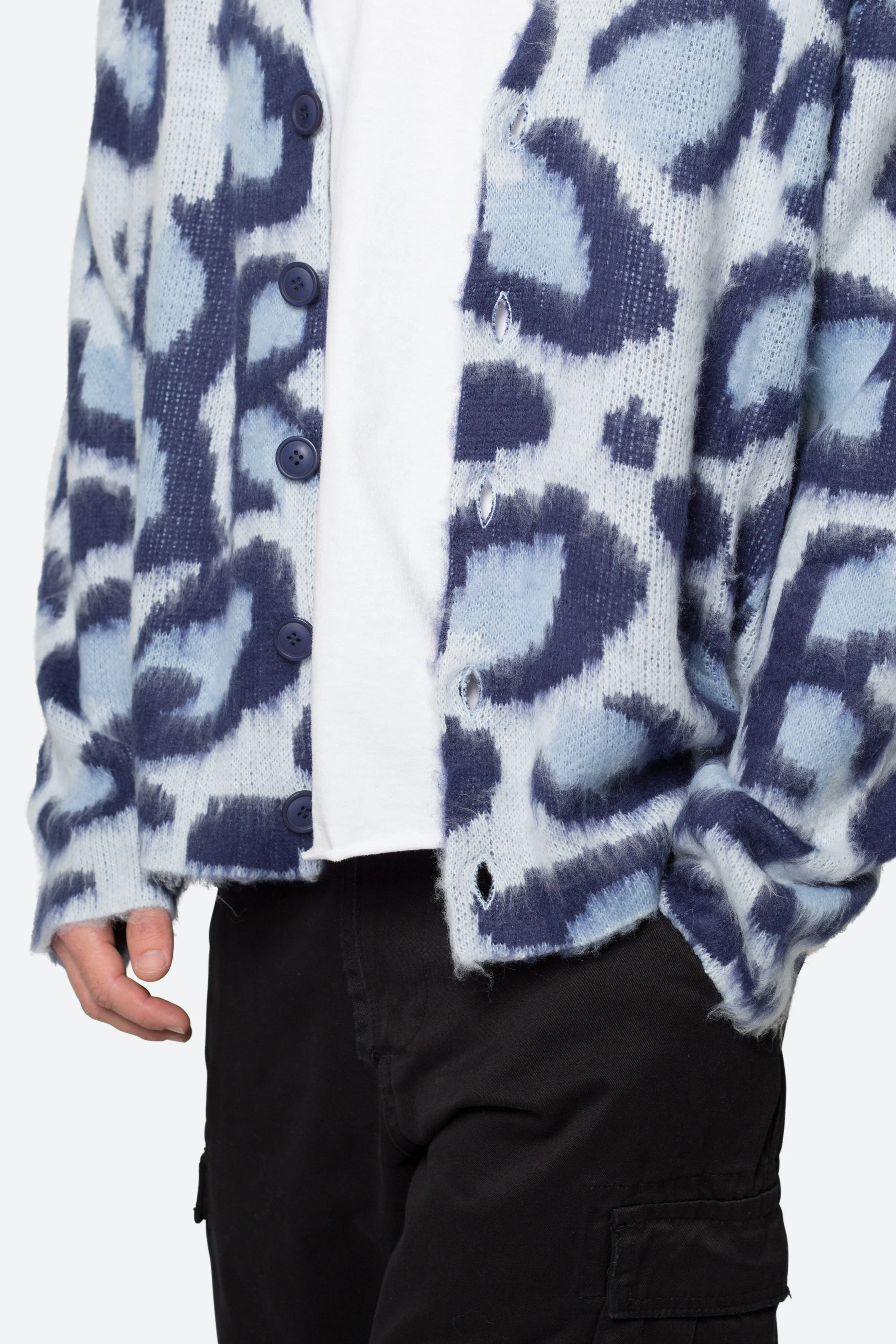 Mohair Leopard Cardigan Sweater - Blue
