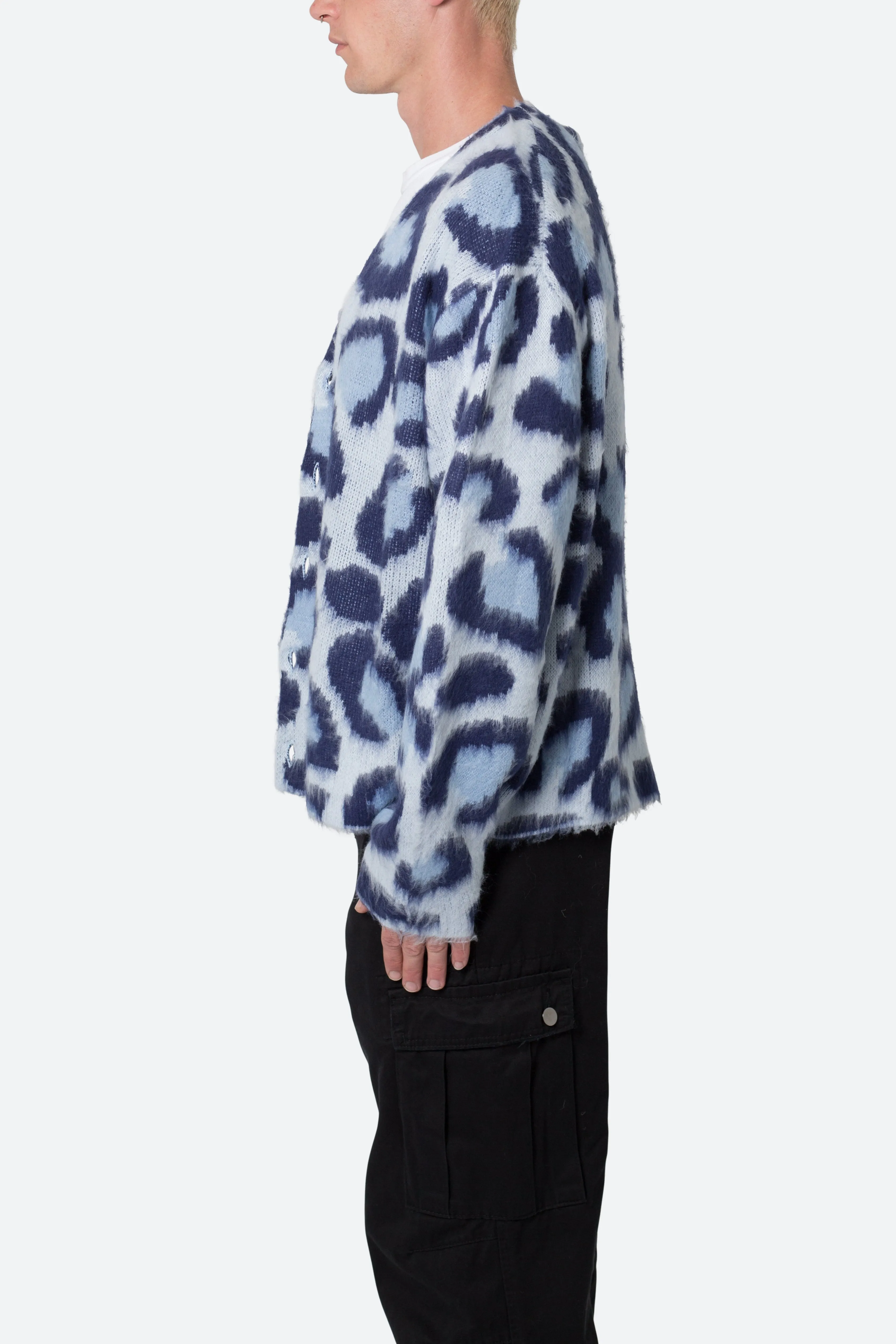 Mohair Leopard Cardigan Sweater - Blue
