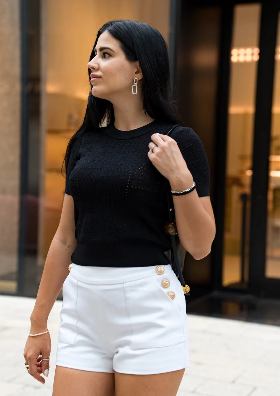 Monogram Knit T Shirt Top - Black