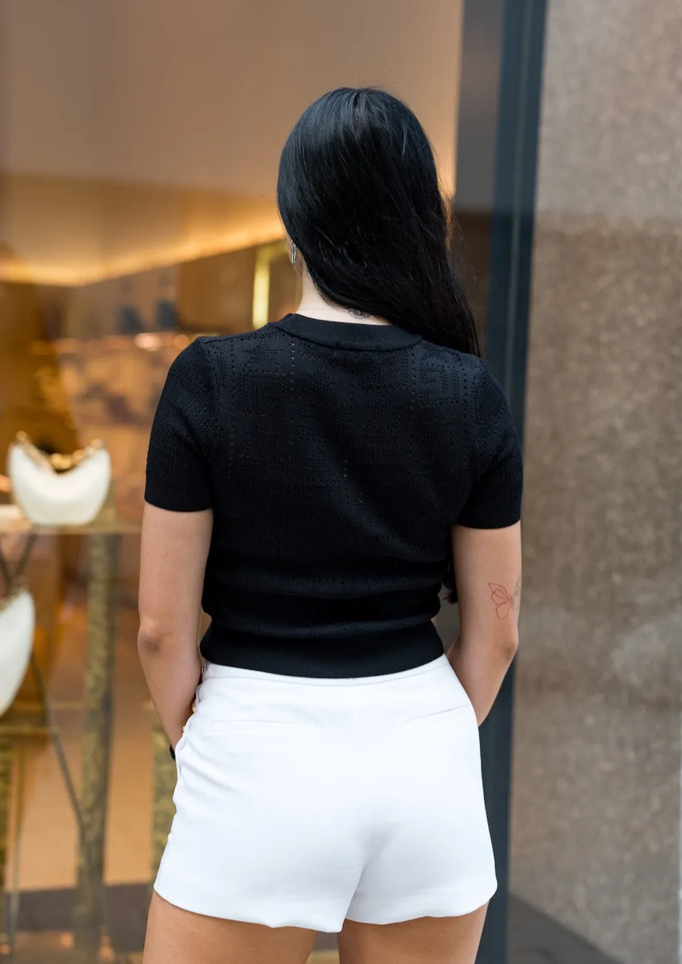 Monogram Knit T Shirt Top - Black
