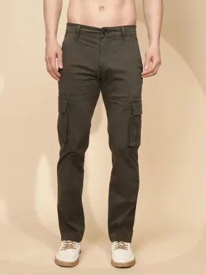 Olive Cotton Blend Regular Fit Cargo For Men