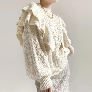 Patchwork Ruffles Knitting Sweaters For Women Half High Collar Lantern Sleeve Loose Solid Sweater Female Fashion