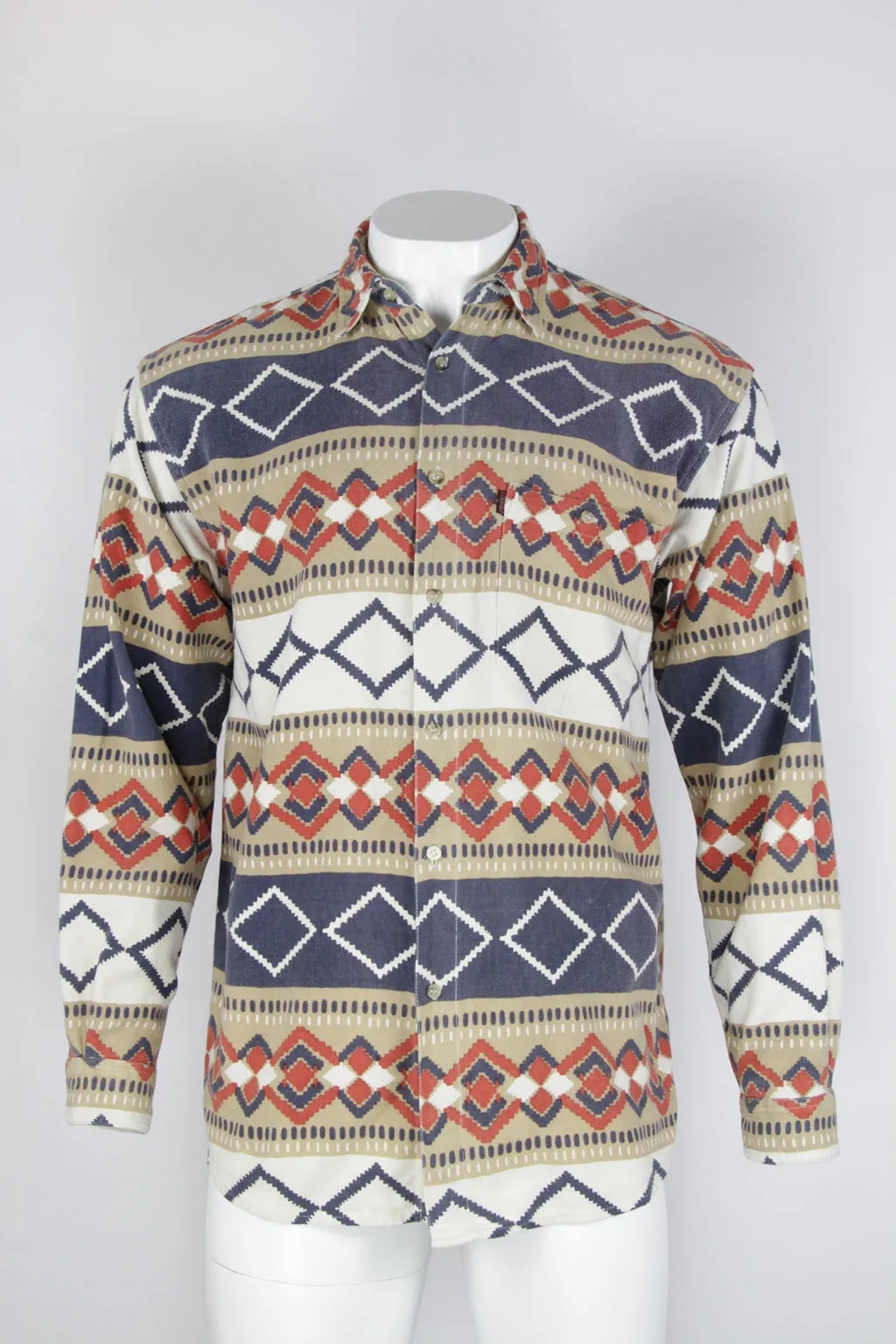 Patterned Flannel Shirt - Beige Blue and red graphic pattern  - M