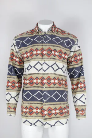 Patterned Flannel Shirt - Beige Blue and red graphic pattern  - M