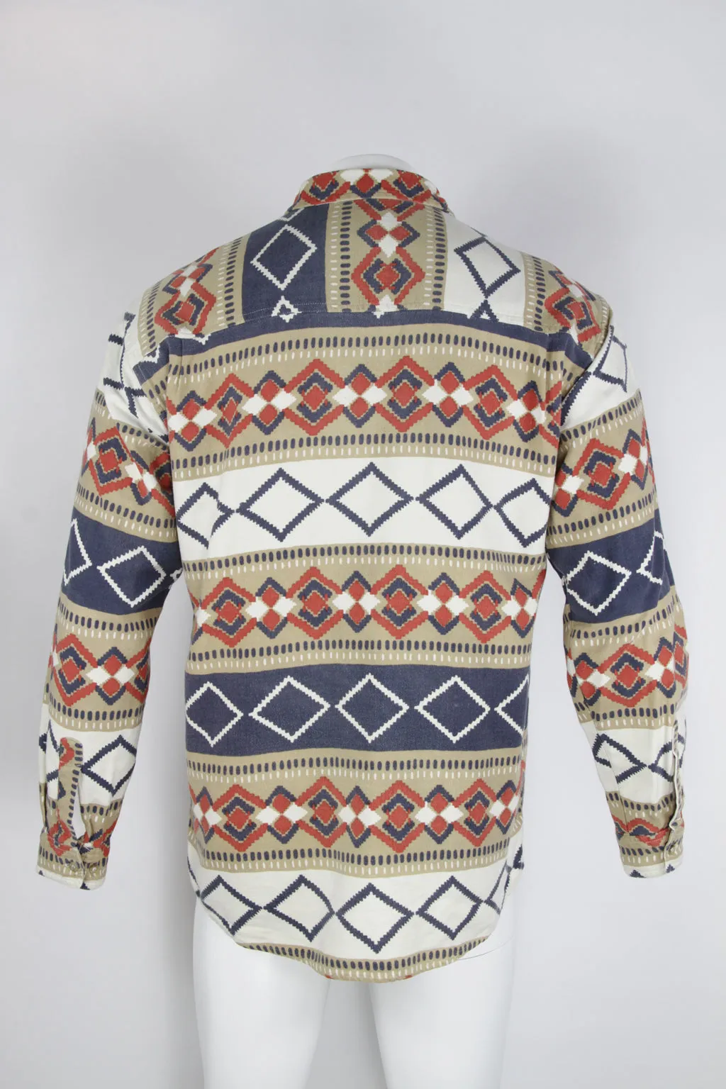 Patterned Flannel Shirt - Beige Blue and red graphic pattern  - M