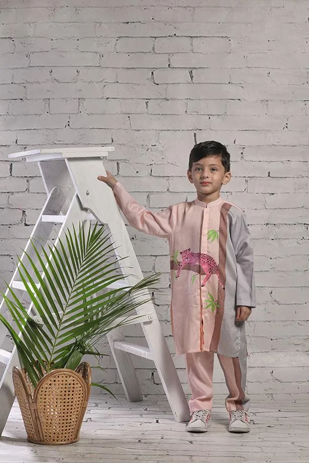 Peach Long Kurta and Pants Set for Boys