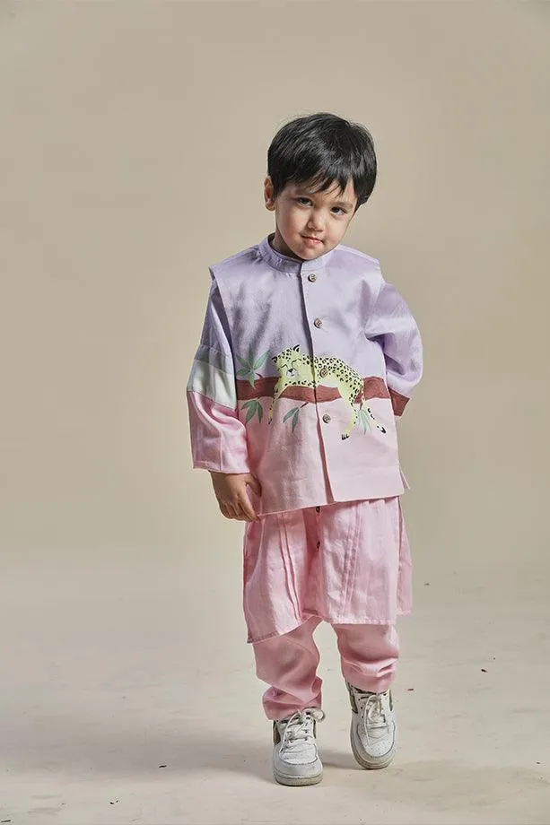 Pink and Lavender Bandi Kurta and Pink Pants Set for Boys