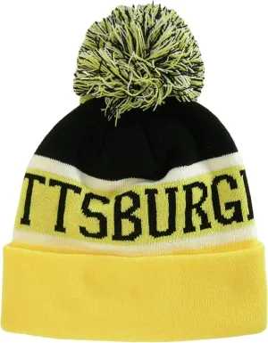 Pittsburgh City Name Wide Stripe Winter Knit Pom Beanie Hat (Black/Gold)