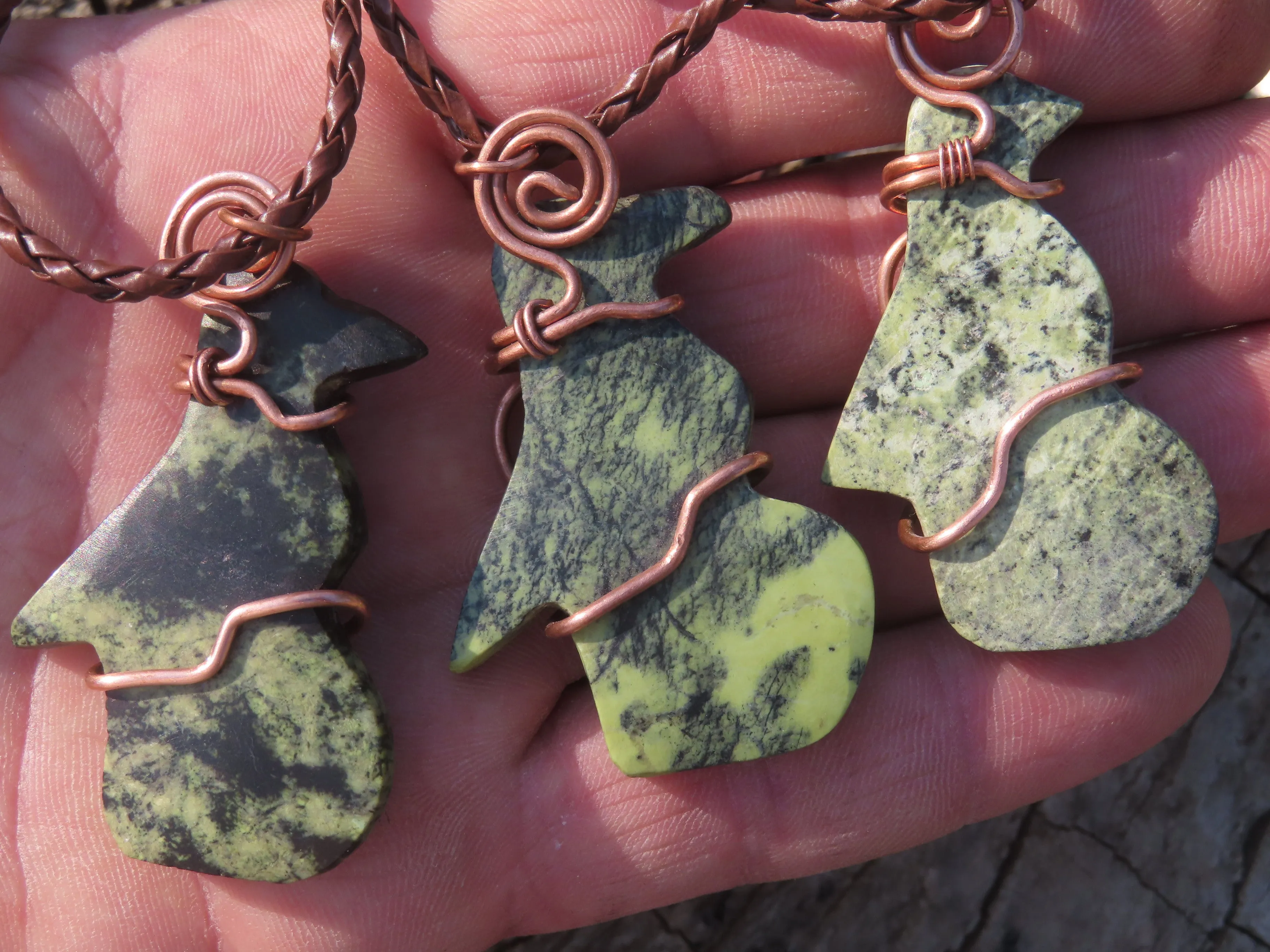 Polished Leopard stone "Great Zimbabwe Bird" Pendant with Copper Wire Wrap and Thong - sold per piece - From Zimbabwe