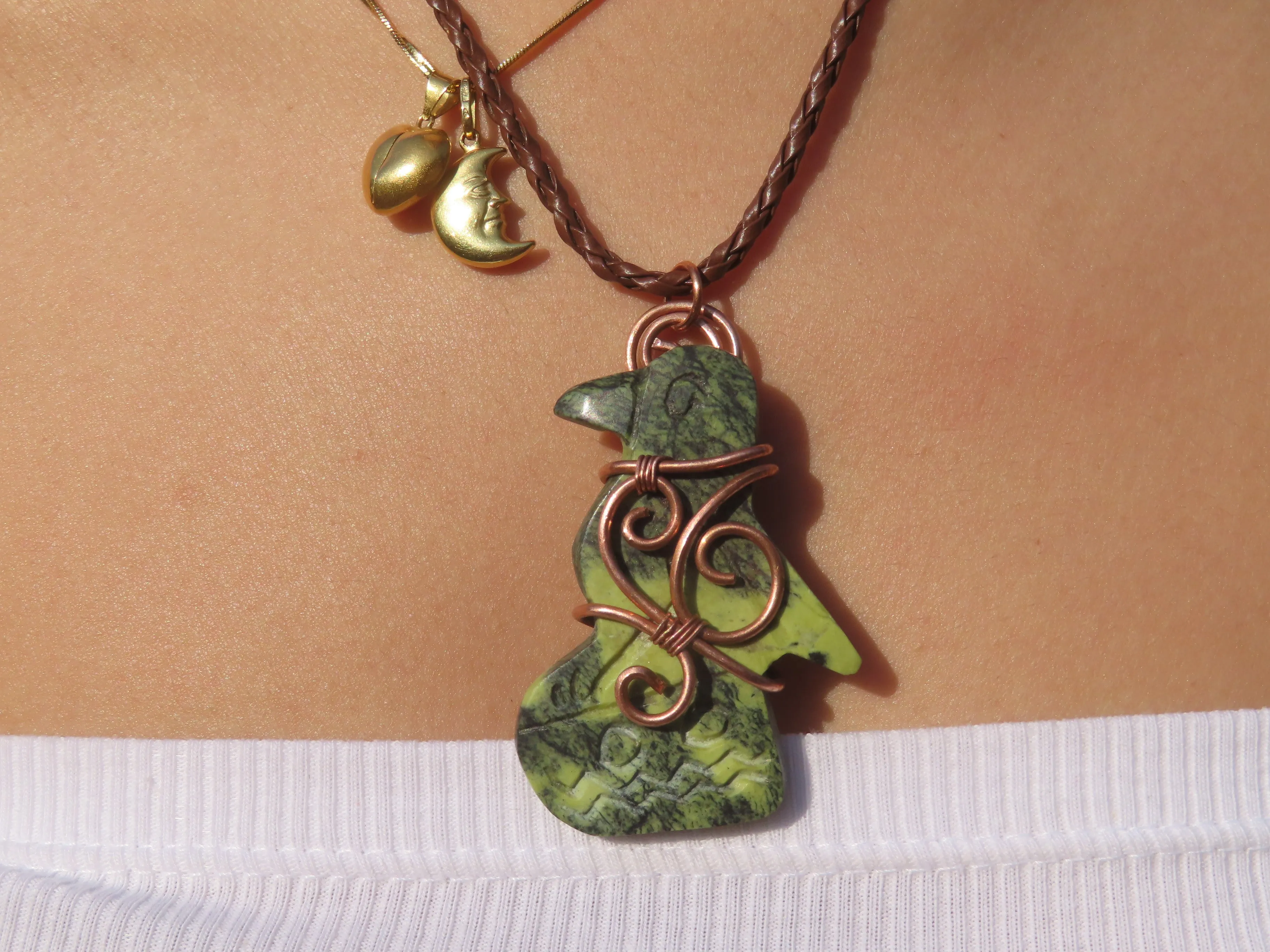 Polished Leopard stone "Great Zimbabwe Bird" Pendant with Copper Wire Wrap and Thong - sold per piece - From Zimbabwe