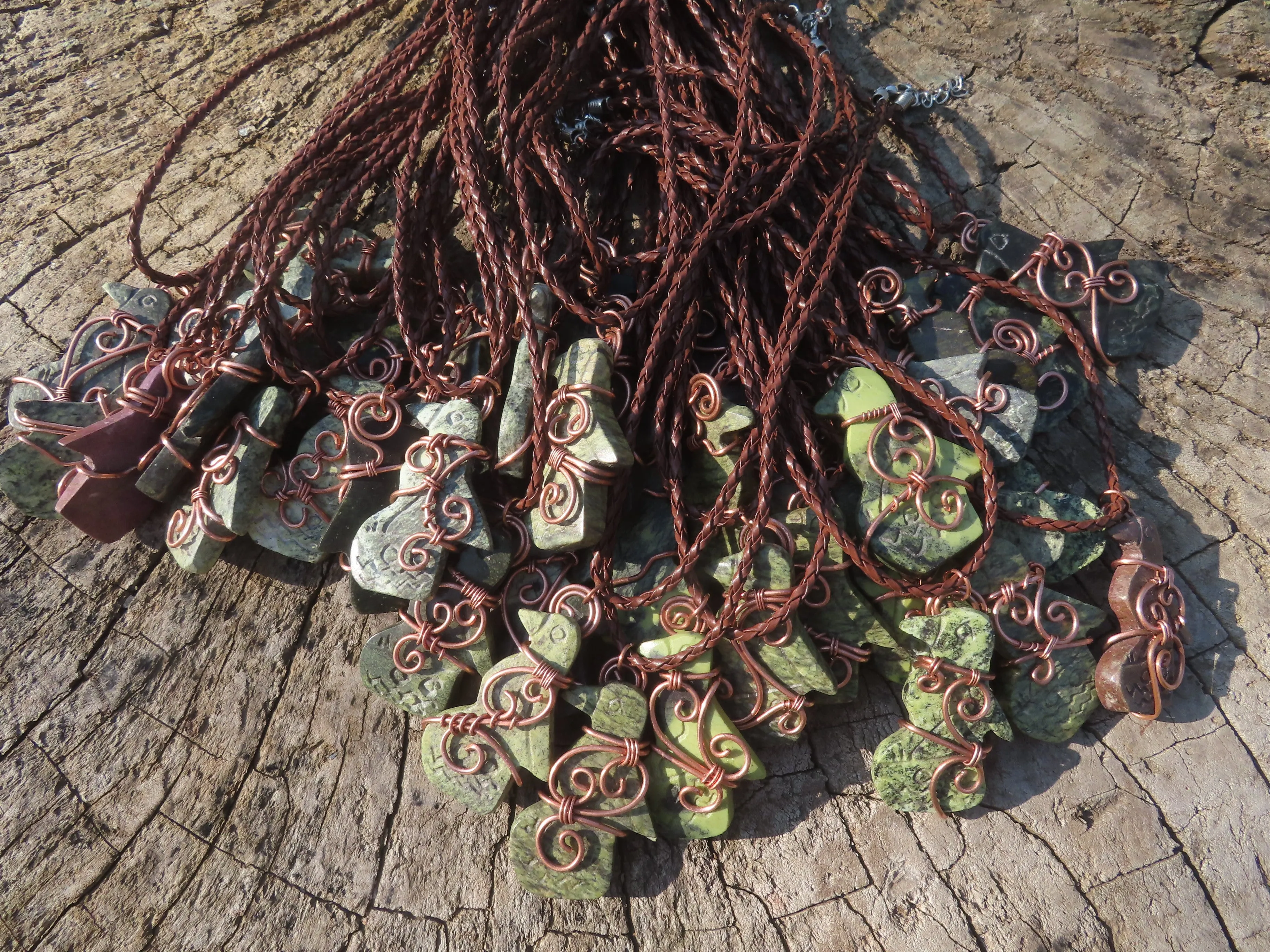 Polished Leopard stone "Great Zimbabwe Bird" Pendant with Copper Wire Wrap and Thong - sold per piece - From Zimbabwe