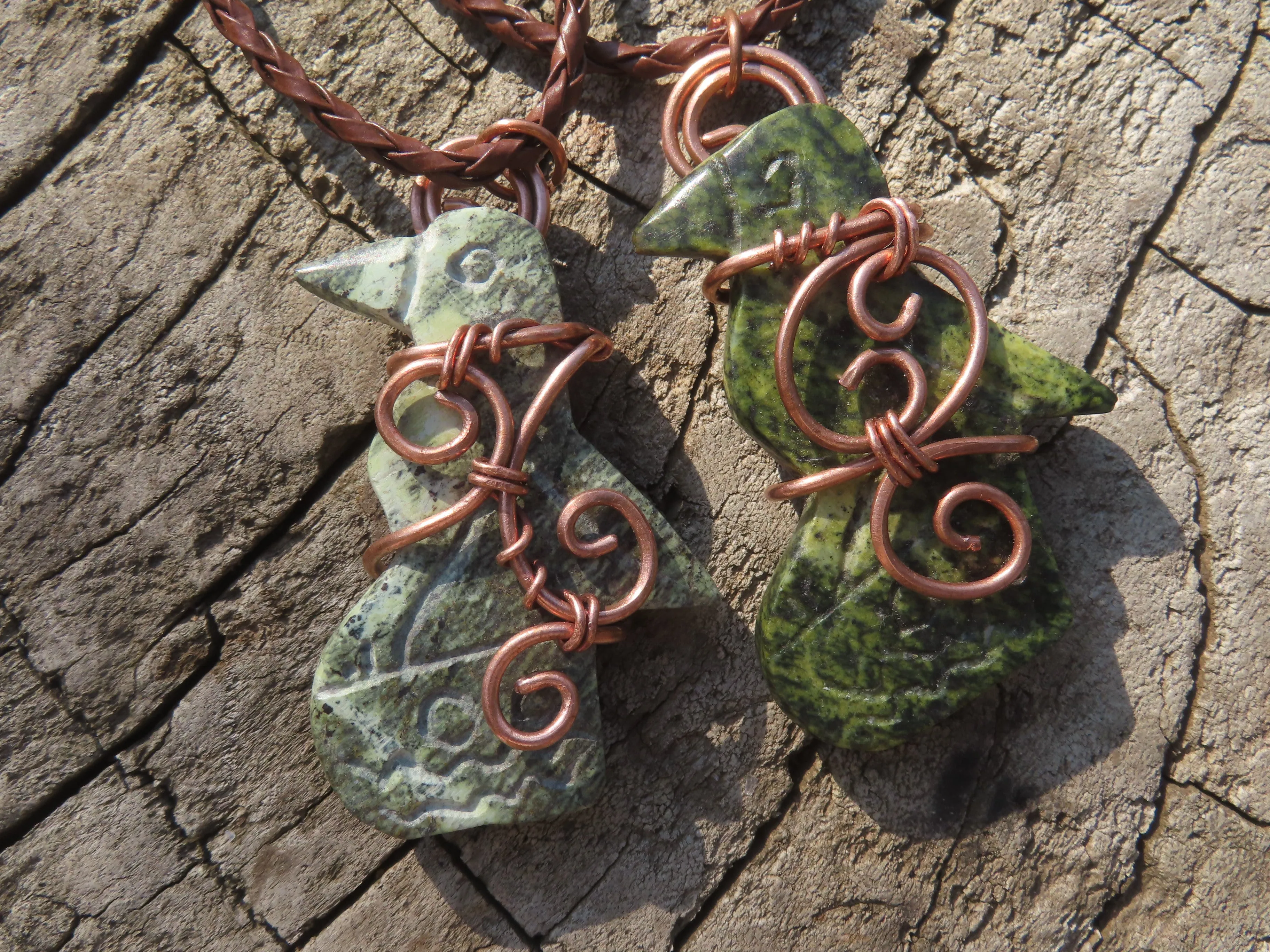 Polished Leopard stone "Great Zimbabwe Bird" Pendant with Copper Wire Wrap and Thong - sold per piece - From Zimbabwe