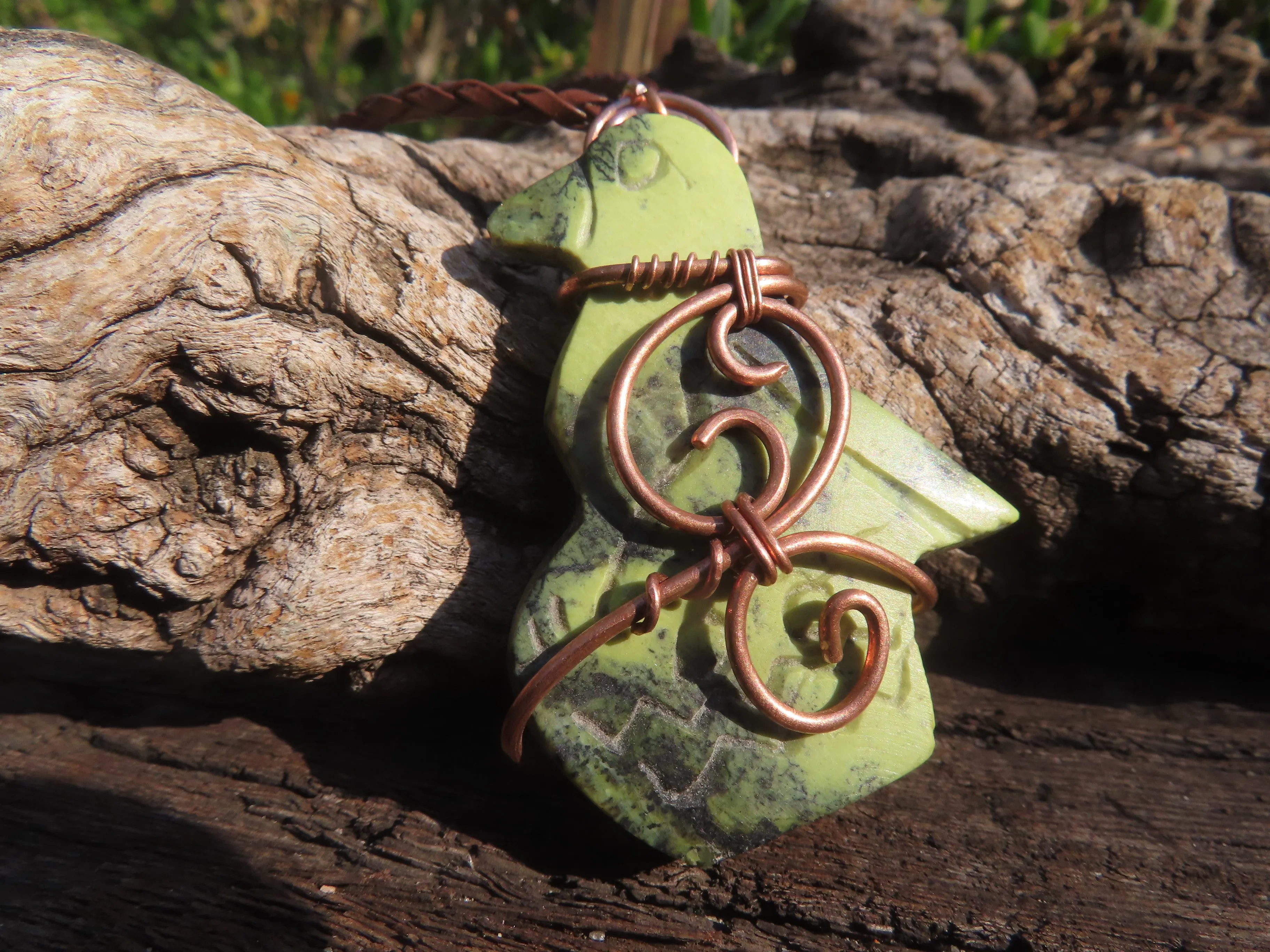 Polished Leopard stone "Great Zimbabwe Bird" Pendant with Copper Wire Wrap and Thong - sold per piece - From Zimbabwe