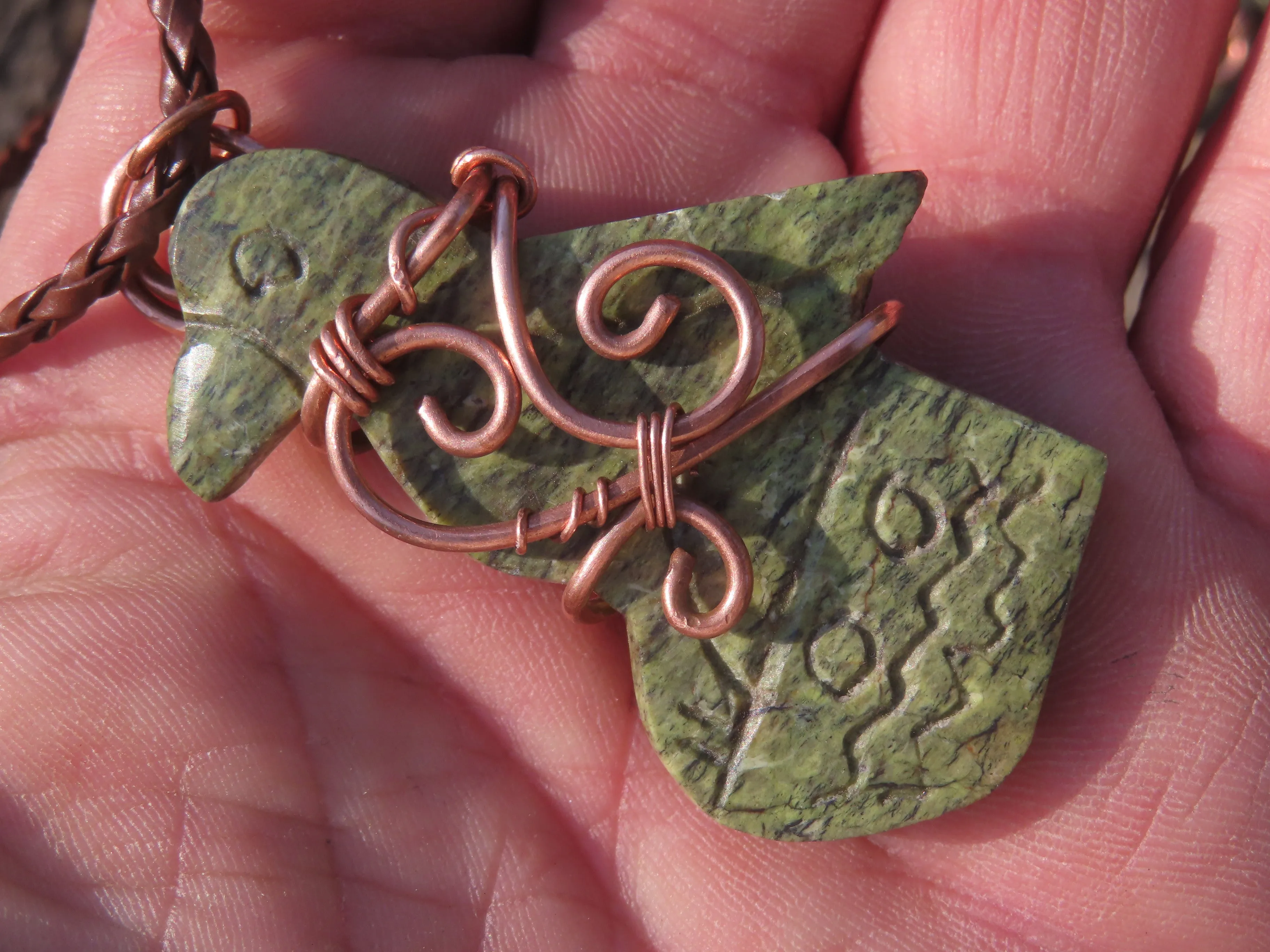 Polished Leopard stone "Great Zimbabwe Bird" Pendant with Copper Wire Wrap and Thong - sold per piece - From Zimbabwe