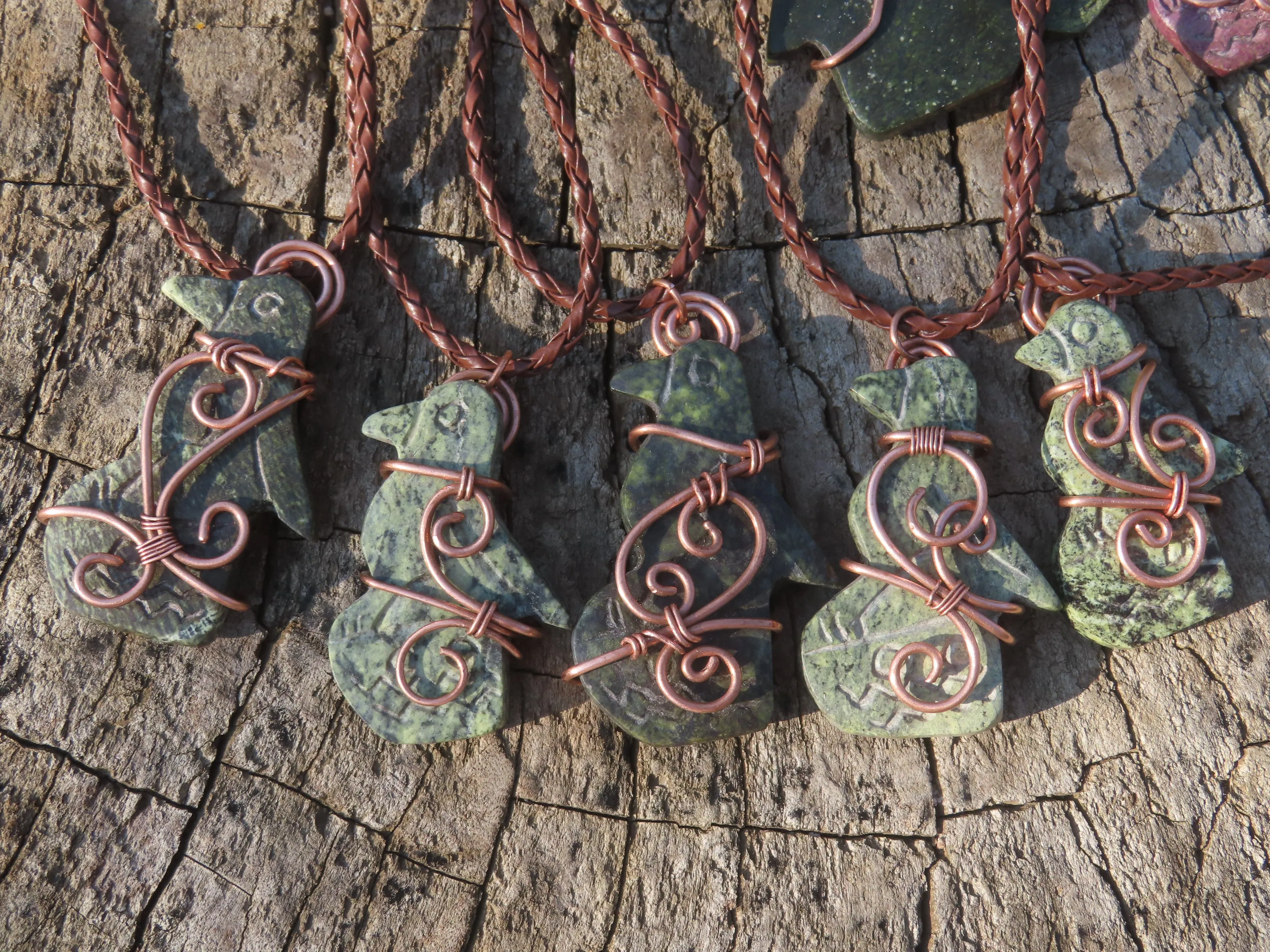Polished Leopard stone "Great Zimbabwe Bird" Pendant with Copper Wire Wrap and Thong - sold per piece - From Zimbabwe