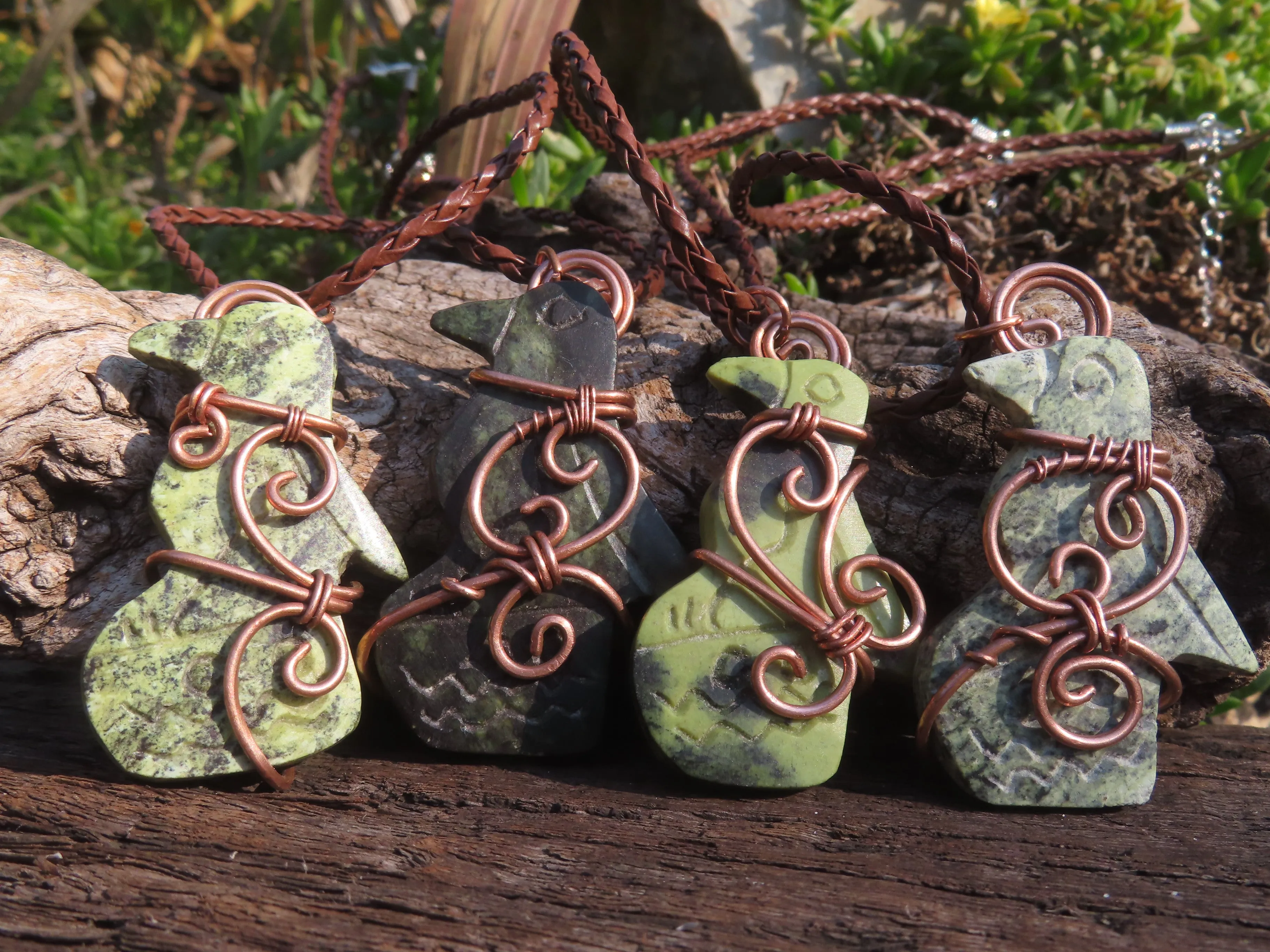 Polished Leopard stone "Great Zimbabwe Bird" Pendant with Copper Wire Wrap and Thong - sold per piece - From Zimbabwe