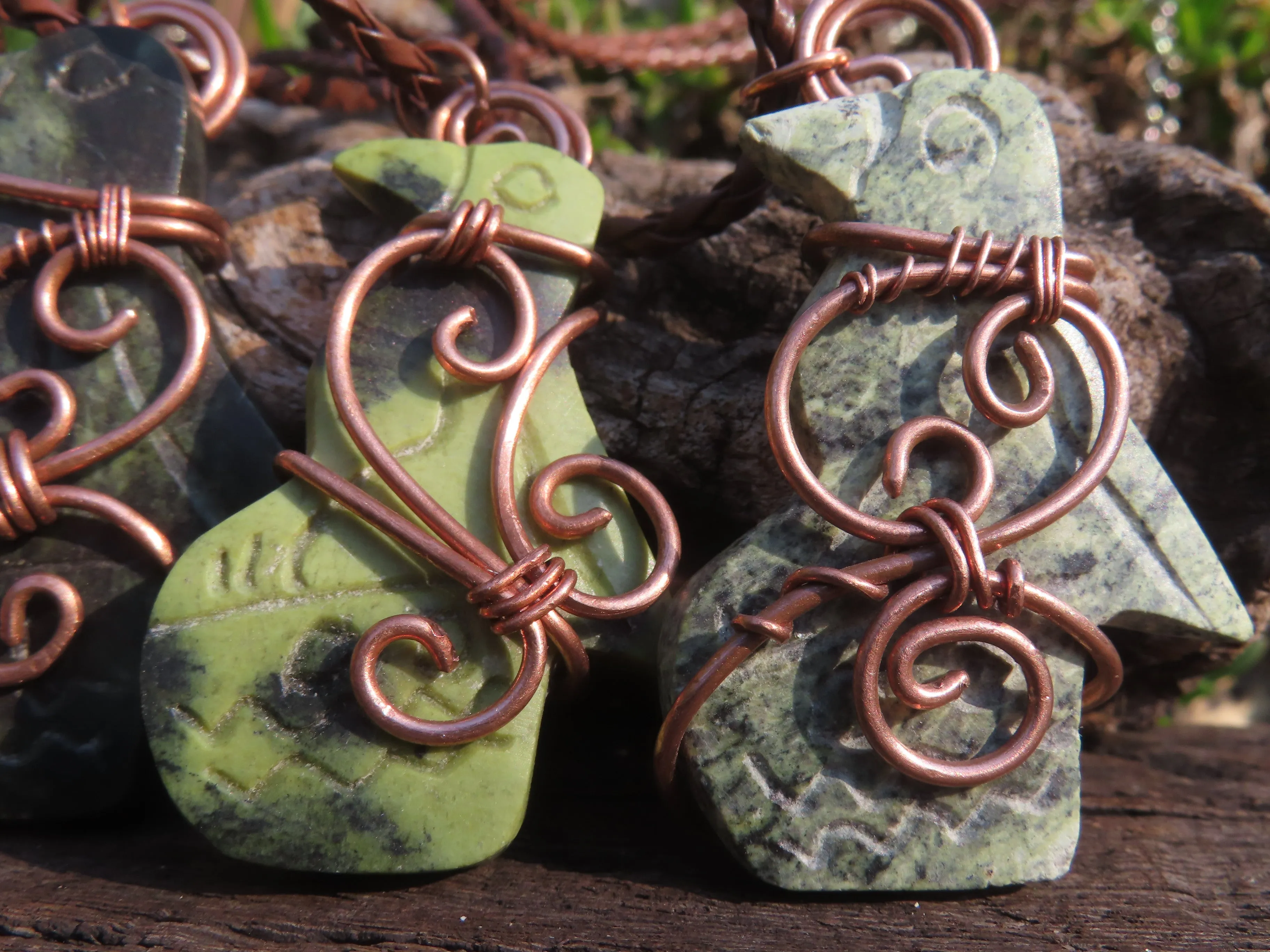 Polished Leopard stone "Great Zimbabwe Bird" Pendant with Copper Wire Wrap and Thong - sold per piece - From Zimbabwe