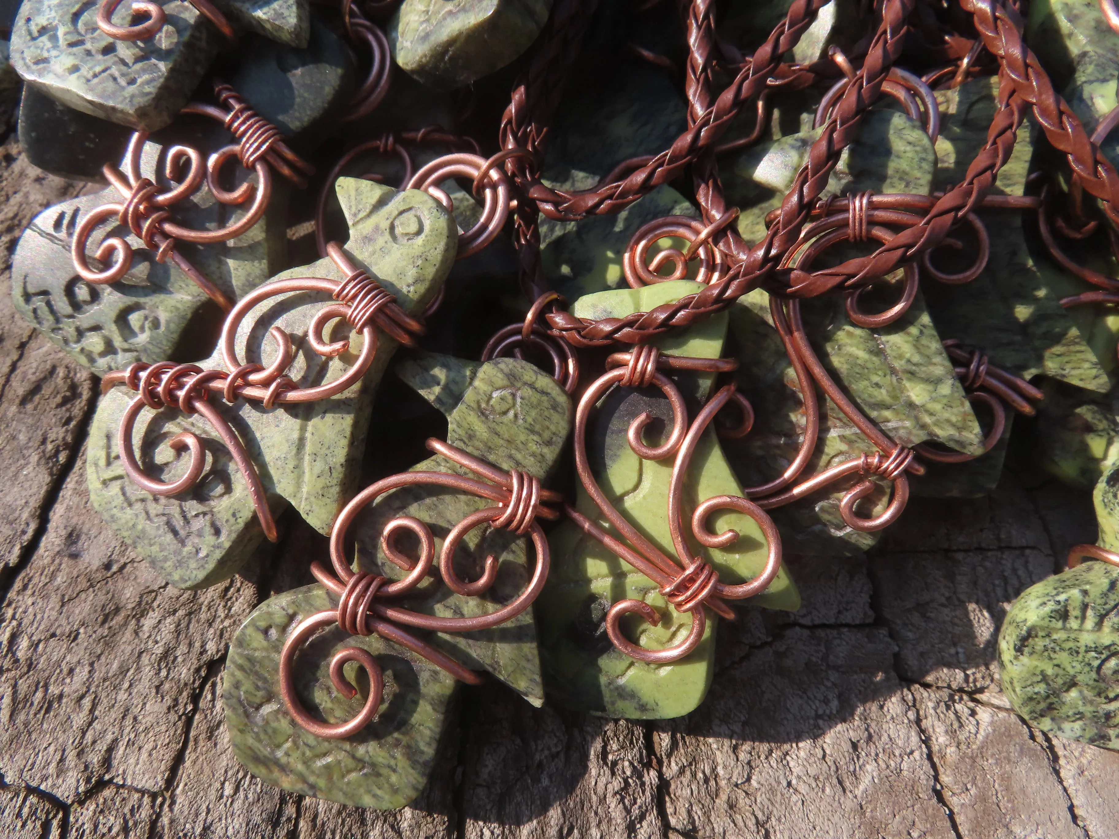 Polished Leopard stone "Great Zimbabwe Bird" Pendant with Copper Wire Wrap and Thong - sold per piece - From Zimbabwe
