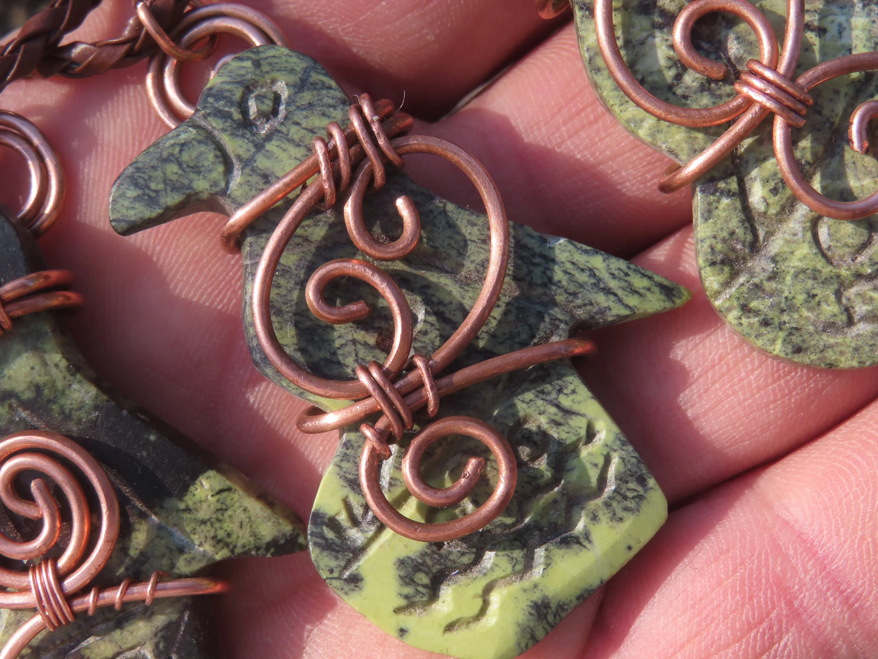 Polished Leopard stone "Great Zimbabwe Bird" Pendant with Copper Wire Wrap and Thong - sold per piece - From Zimbabwe