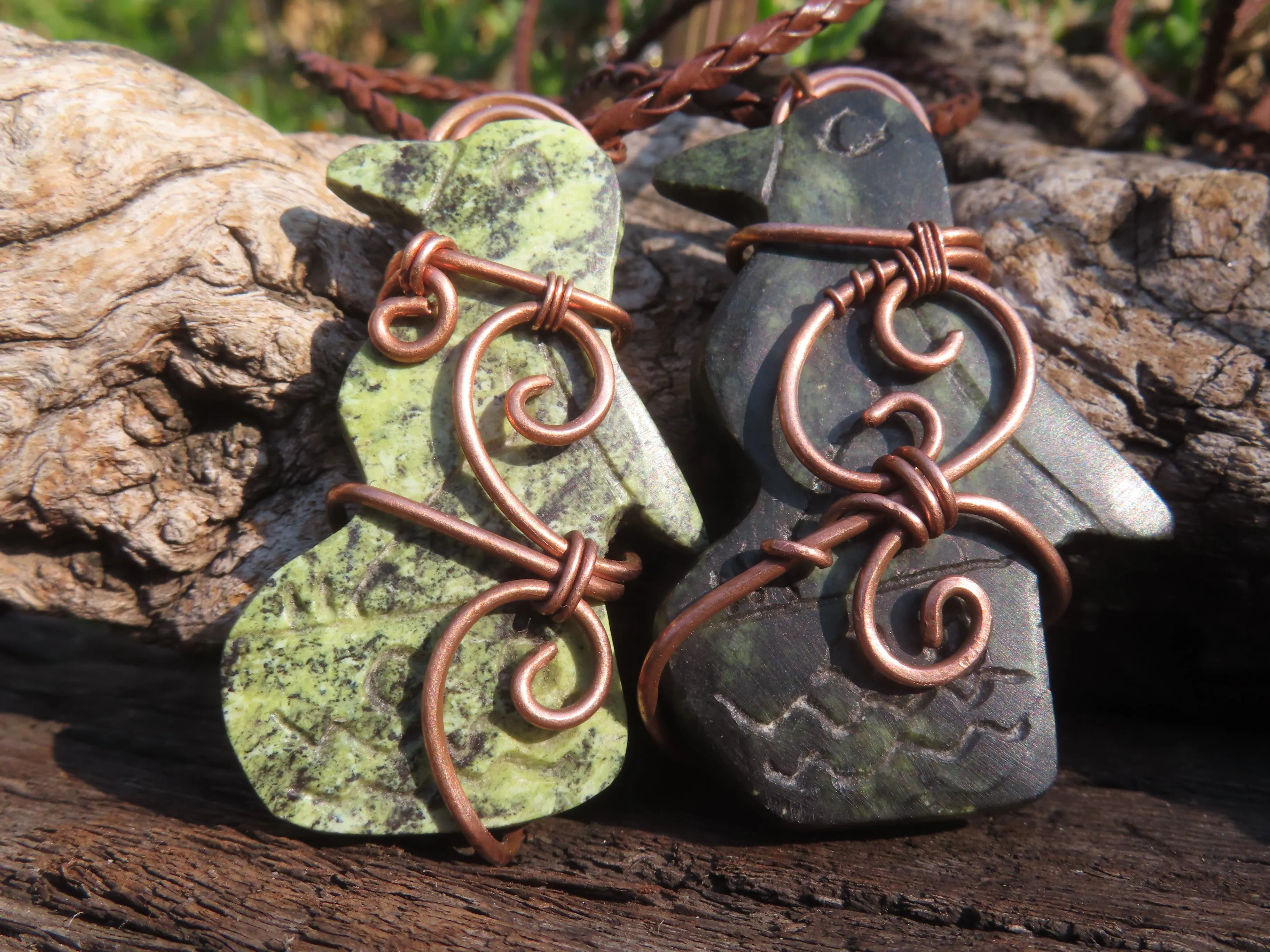 Polished Leopard stone "Great Zimbabwe Bird" Pendant with Copper Wire Wrap and Thong - sold per piece - From Zimbabwe