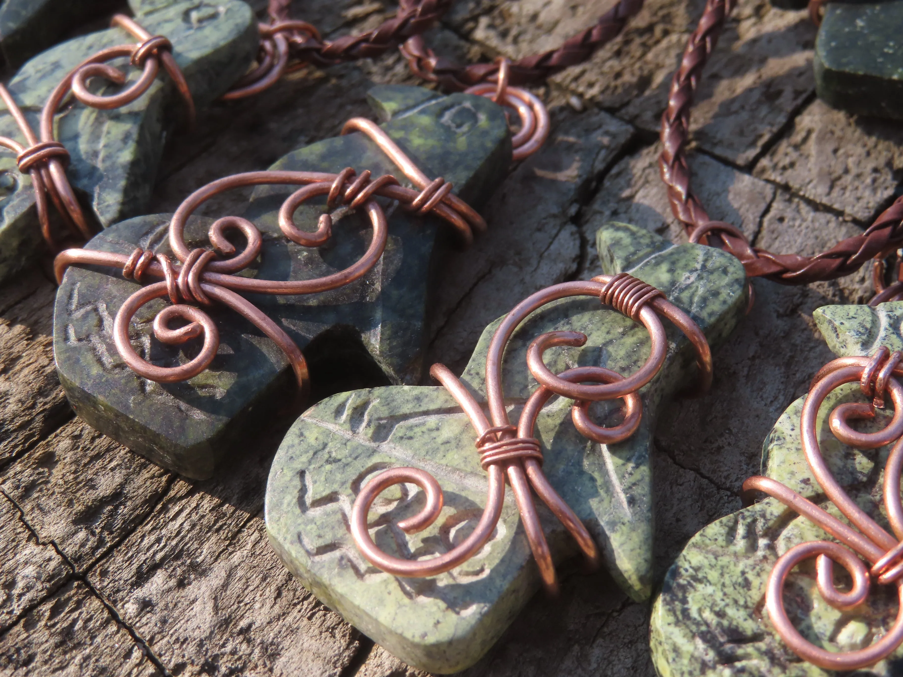 Polished Leopard stone "Great Zimbabwe Bird" Pendant with Copper Wire Wrap and Thong - sold per piece - From Zimbabwe