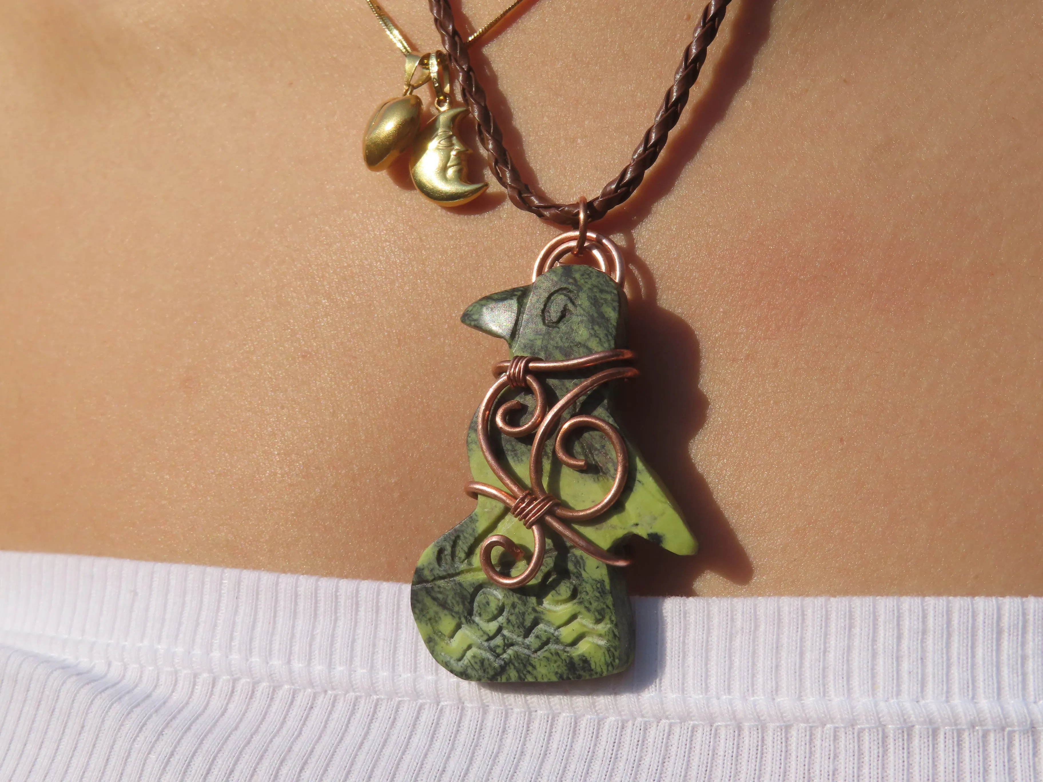 Polished Leopard stone "Great Zimbabwe Bird" Pendant with Copper Wire Wrap and Thong - sold per piece - From Zimbabwe