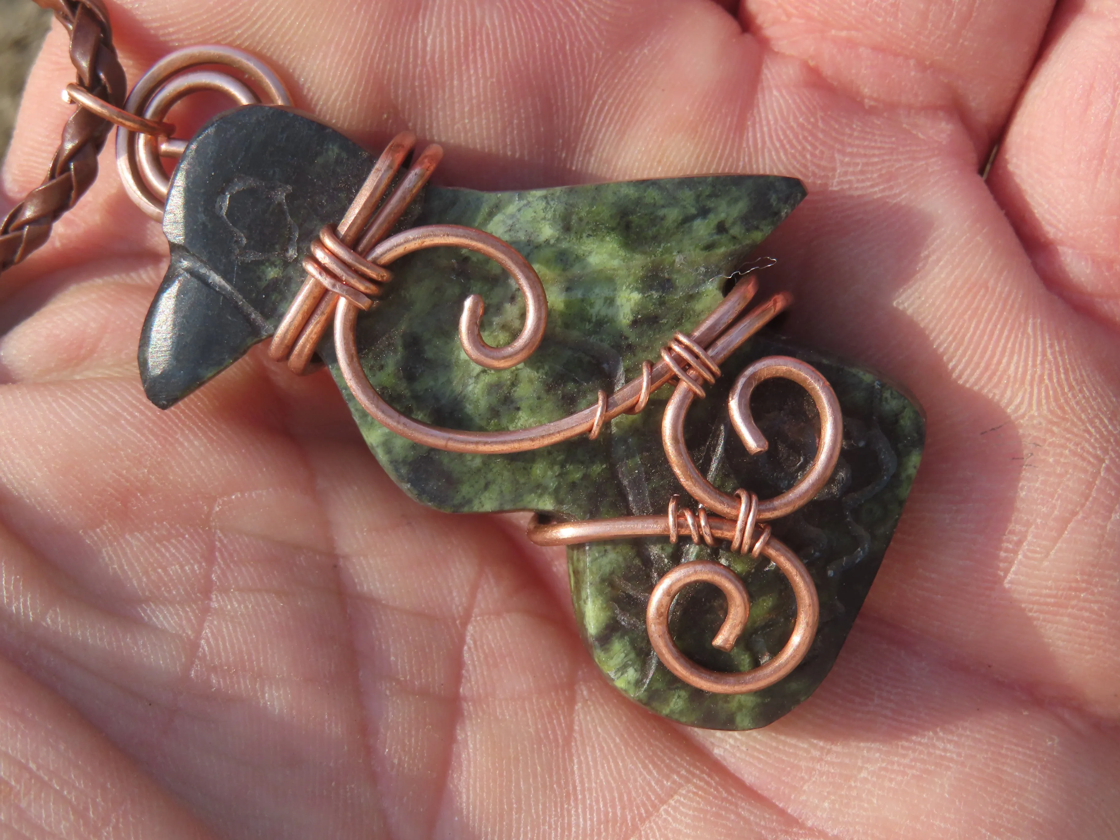 Polished Leopard stone "Great Zimbabwe Bird" Pendant with Copper Wire Wrap and Thong - sold per piece - From Zimbabwe
