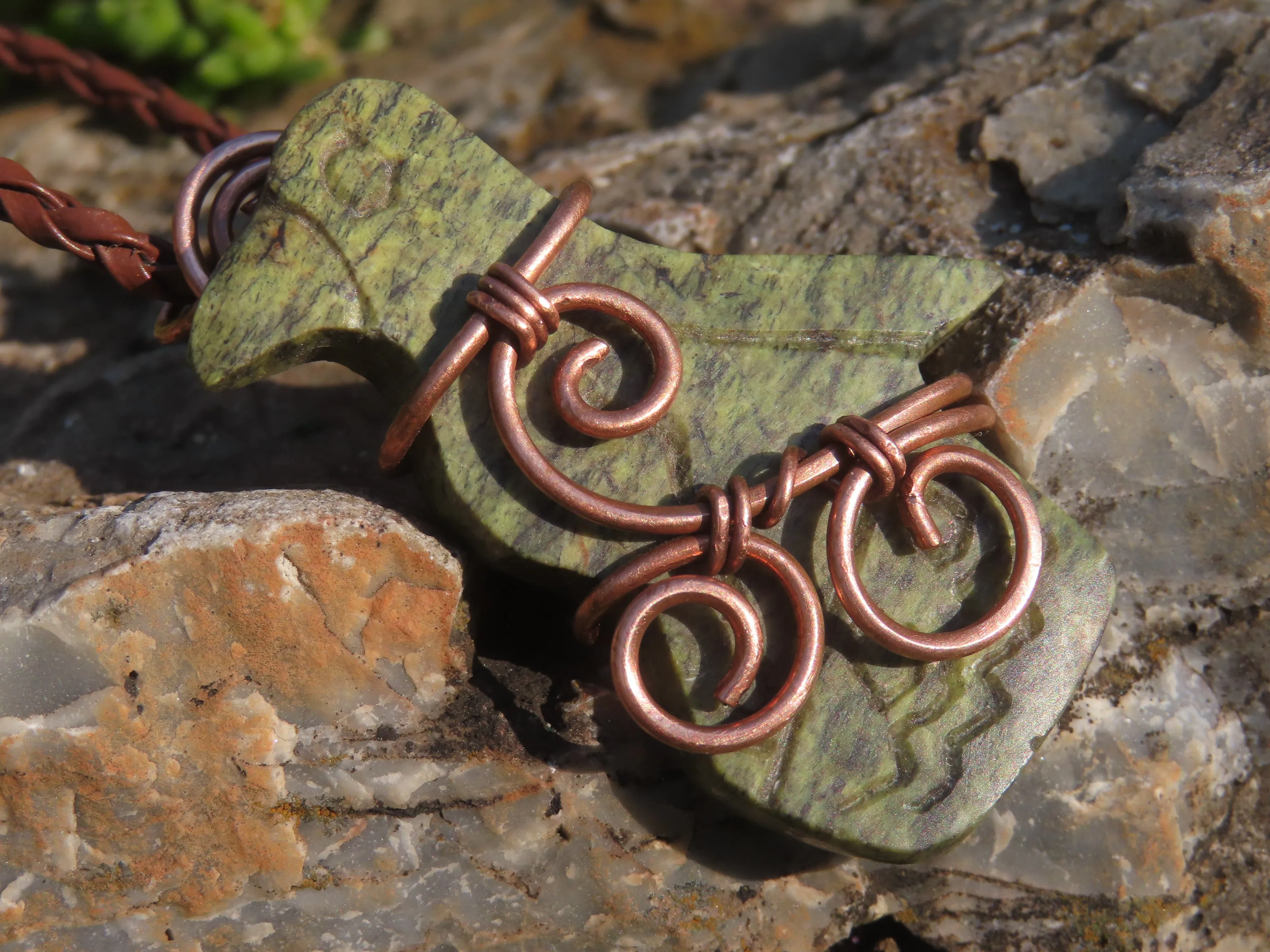 Polished Leopard stone "Great Zimbabwe Bird" Pendant with Copper Wire Wrap and Thong - sold per piece - From Zimbabwe