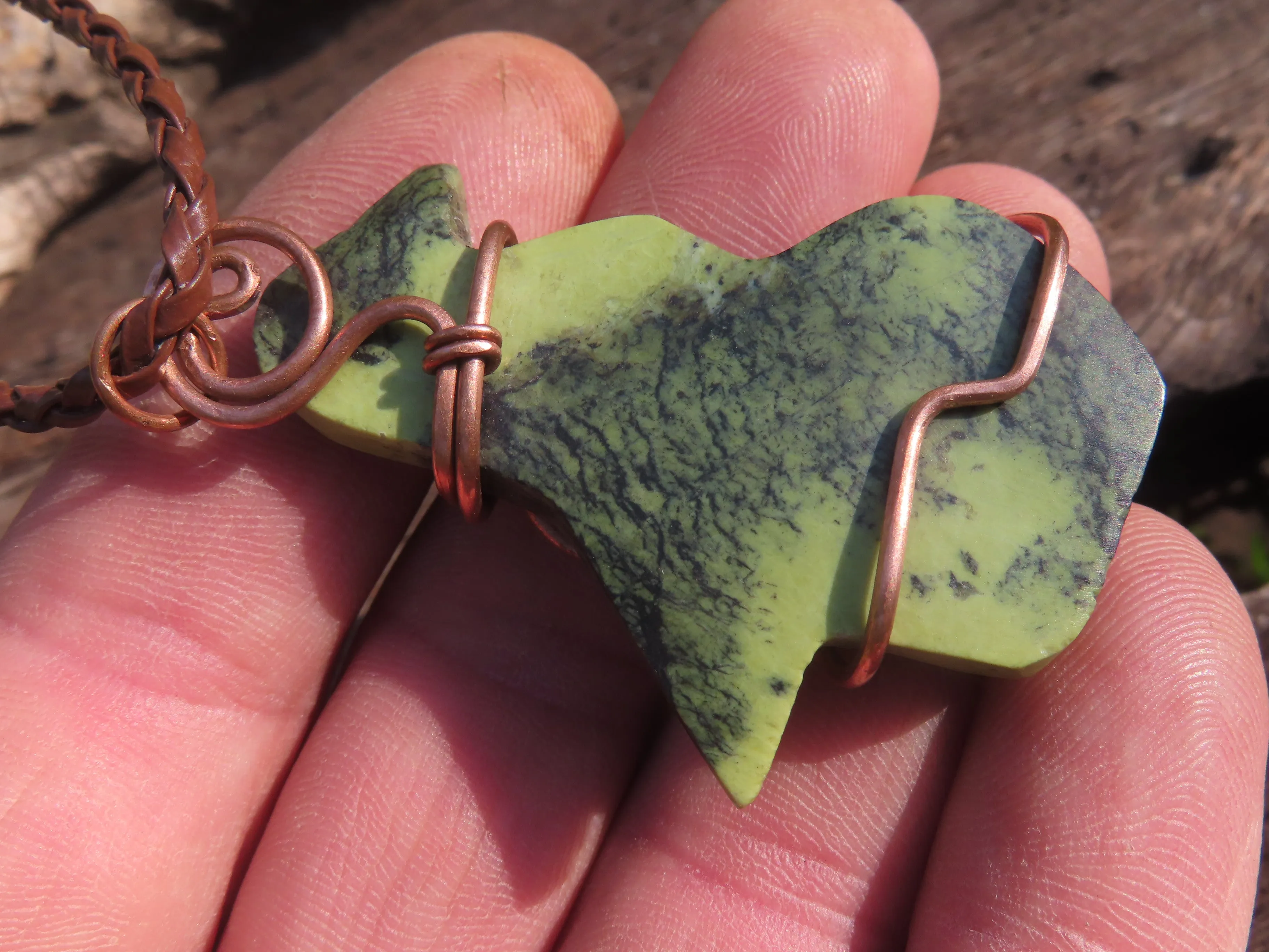 Polished Leopard stone "Great Zimbabwe Bird" Pendant with Copper Wire Wrap and Thong - sold per piece - From Zimbabwe