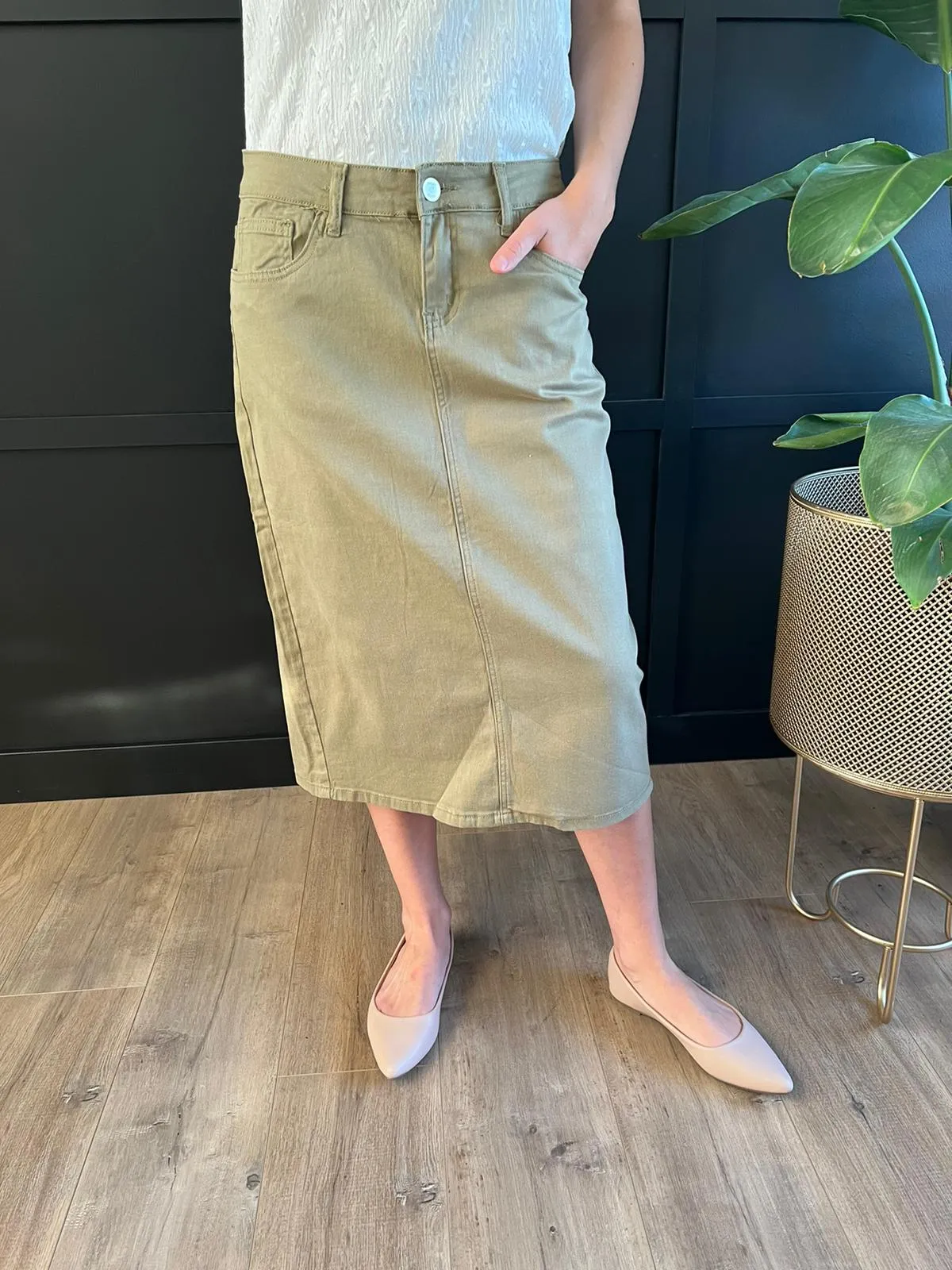 Remi Moss Olive Midi Skirt 29 inches long