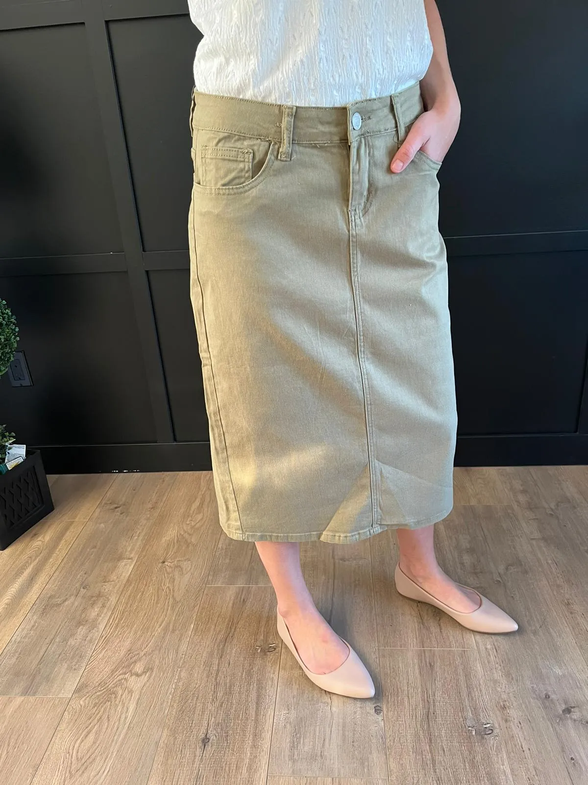 Remi Moss Olive Midi Skirt 29 inches long