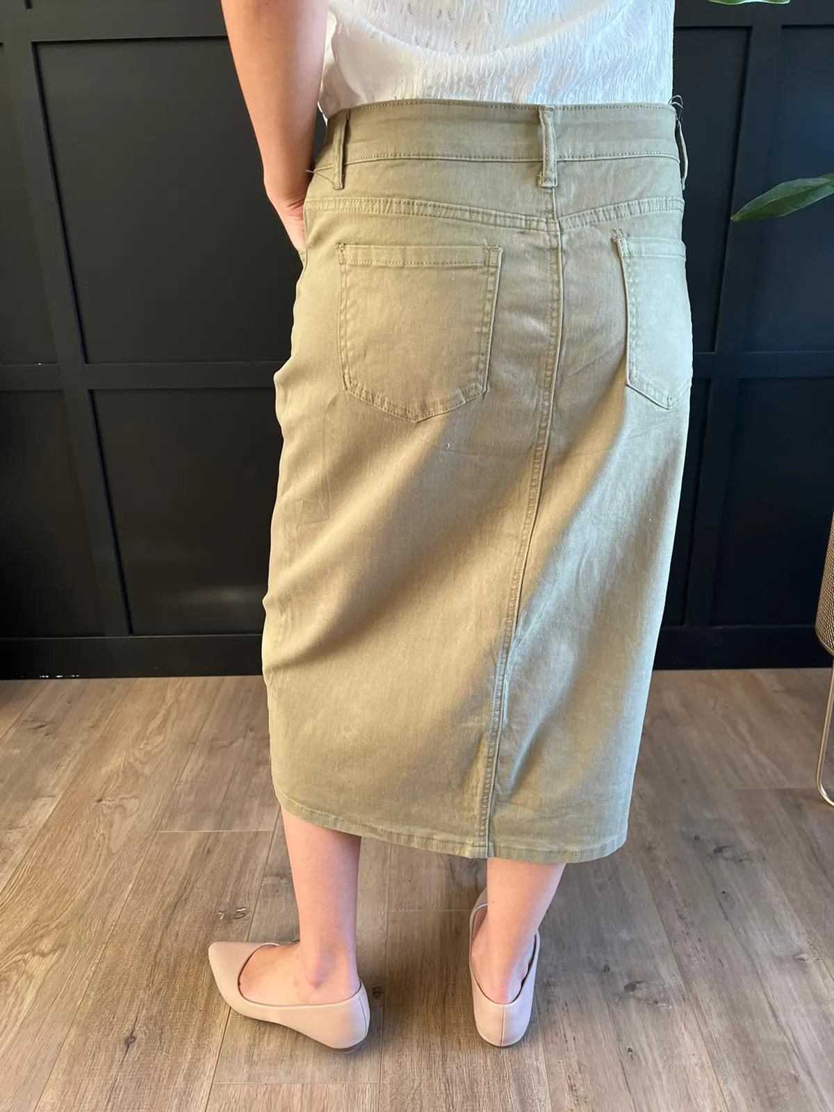 Remi Moss Olive Midi Skirt 29 inches long
