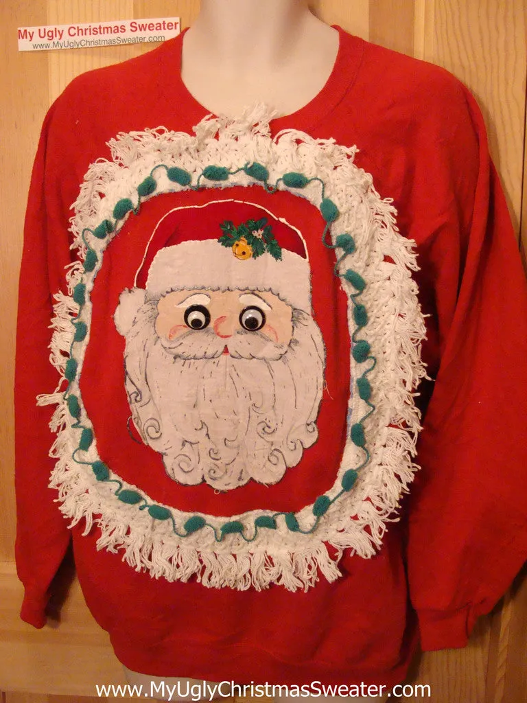 Retro 80s Ugly Christmas Tacky Sweatshirt Google Eyed Santa with Fringe (q78)