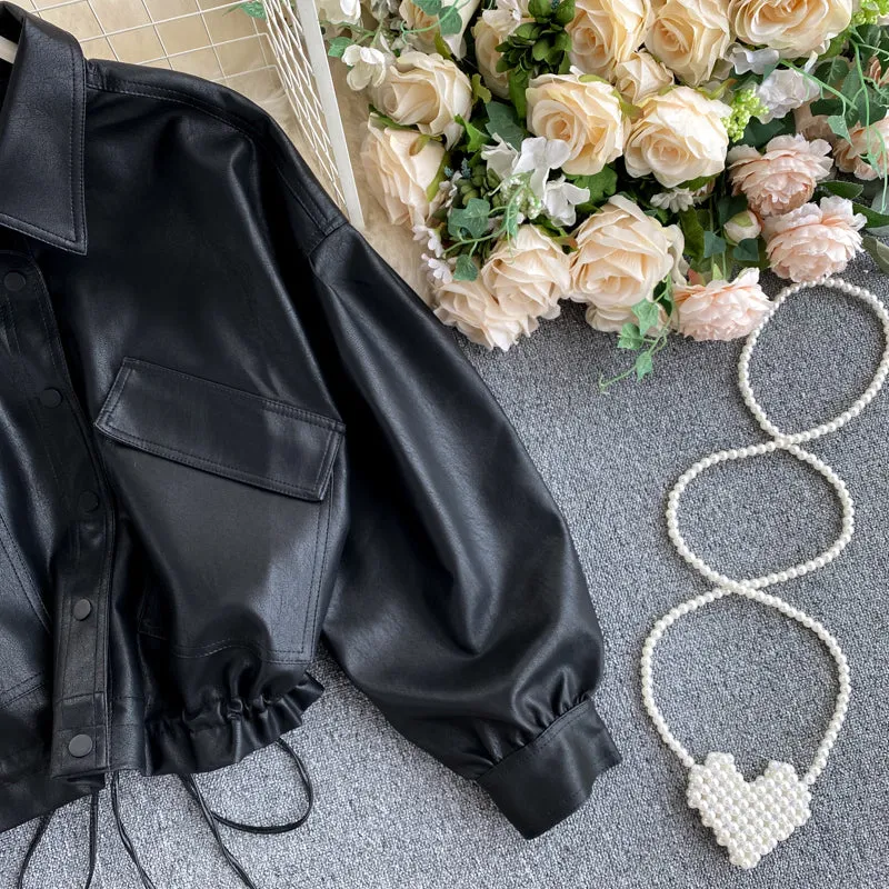 Retro Big Pocket Slim Cropped Biker Jacket
