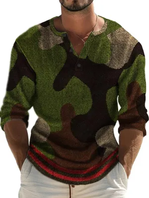 Retro Camouflage Print Long Sleeve Henley T-Shirt