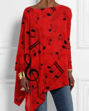 Retro Music Symbols Print Off-shoulder Irregular Top