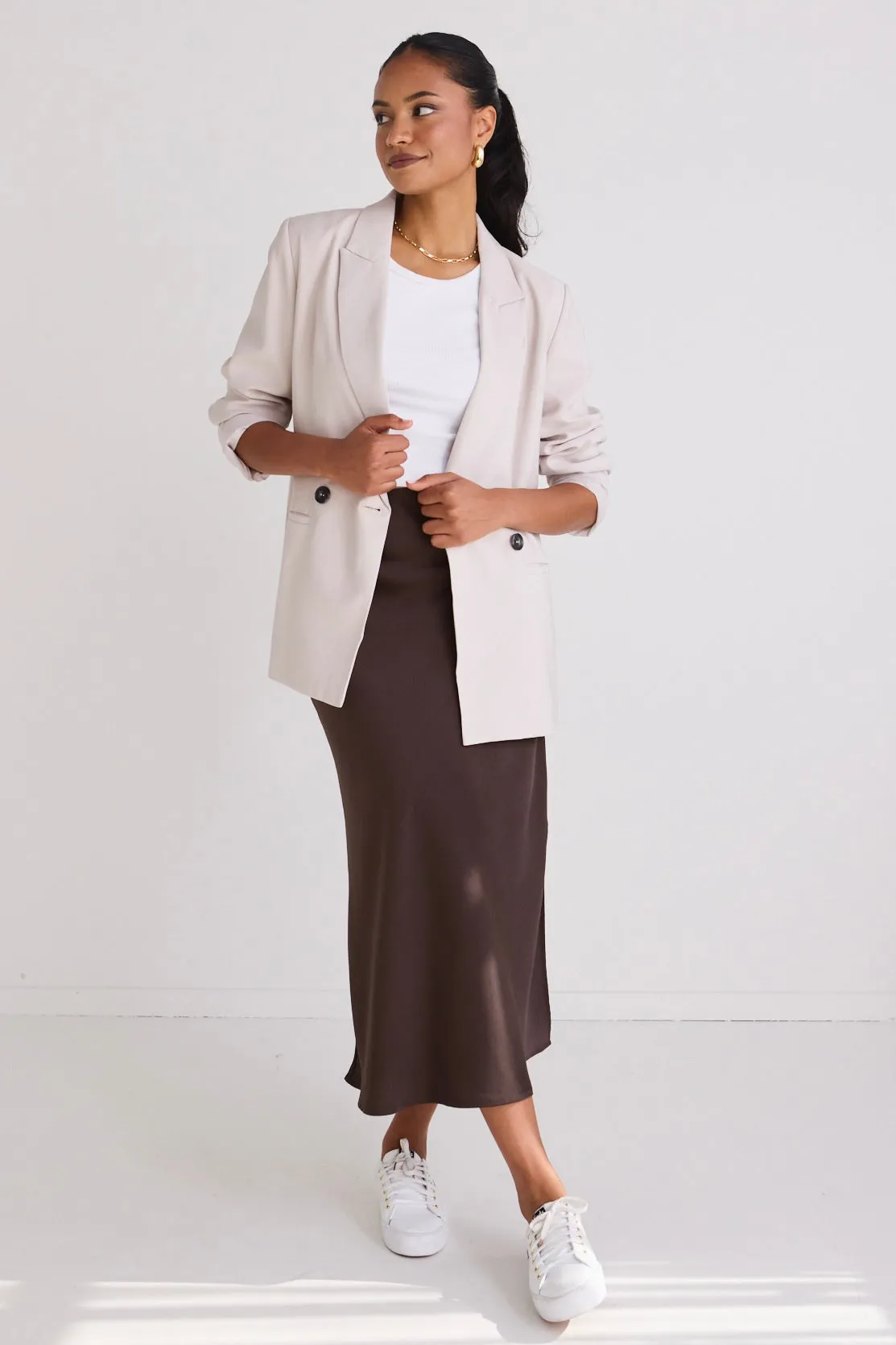 Serpentine Espresso Satin Side Split Bias Midi Skirt