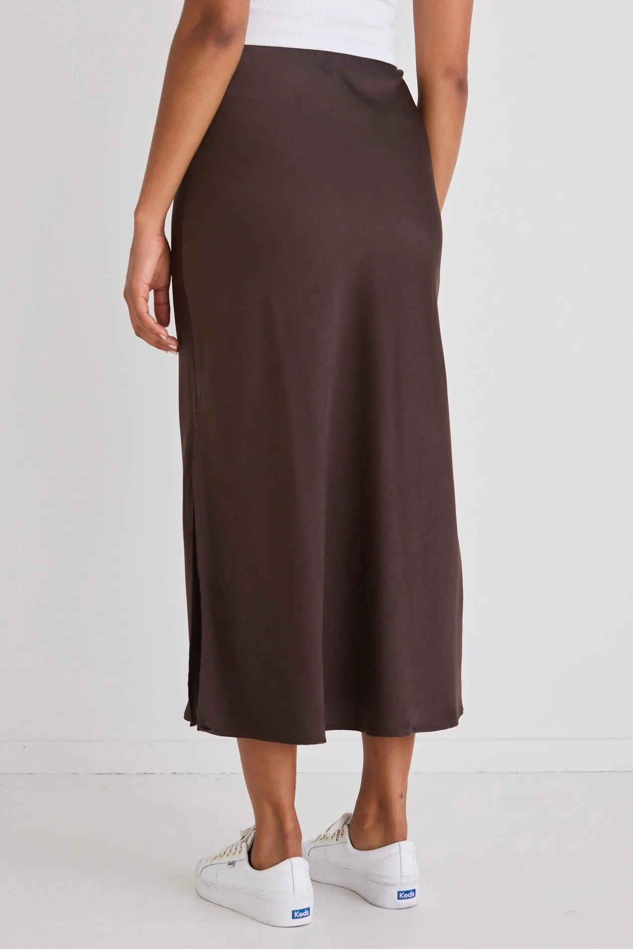Serpentine Espresso Satin Side Split Bias Midi Skirt