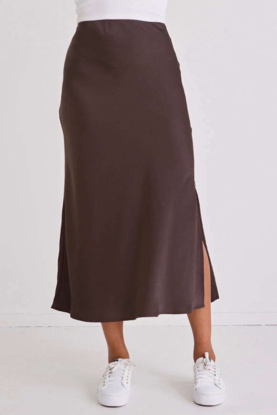 Serpentine Espresso Satin Side Split Bias Midi Skirt
