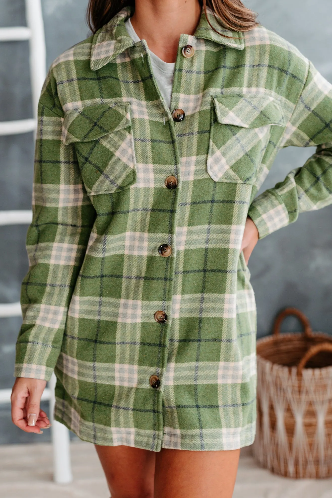Social Occasions Plaid Button-Down Shacket (Green)